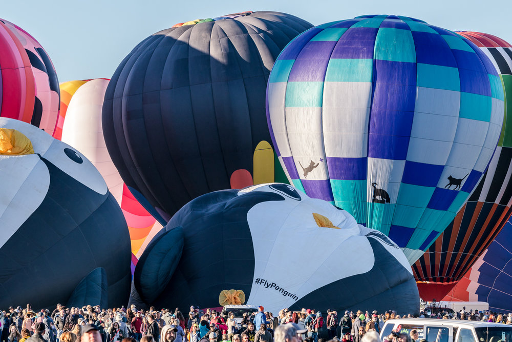  Shooting telephoto compresses the crowds against the balloons and shows how big the balloons are compared to humans. 