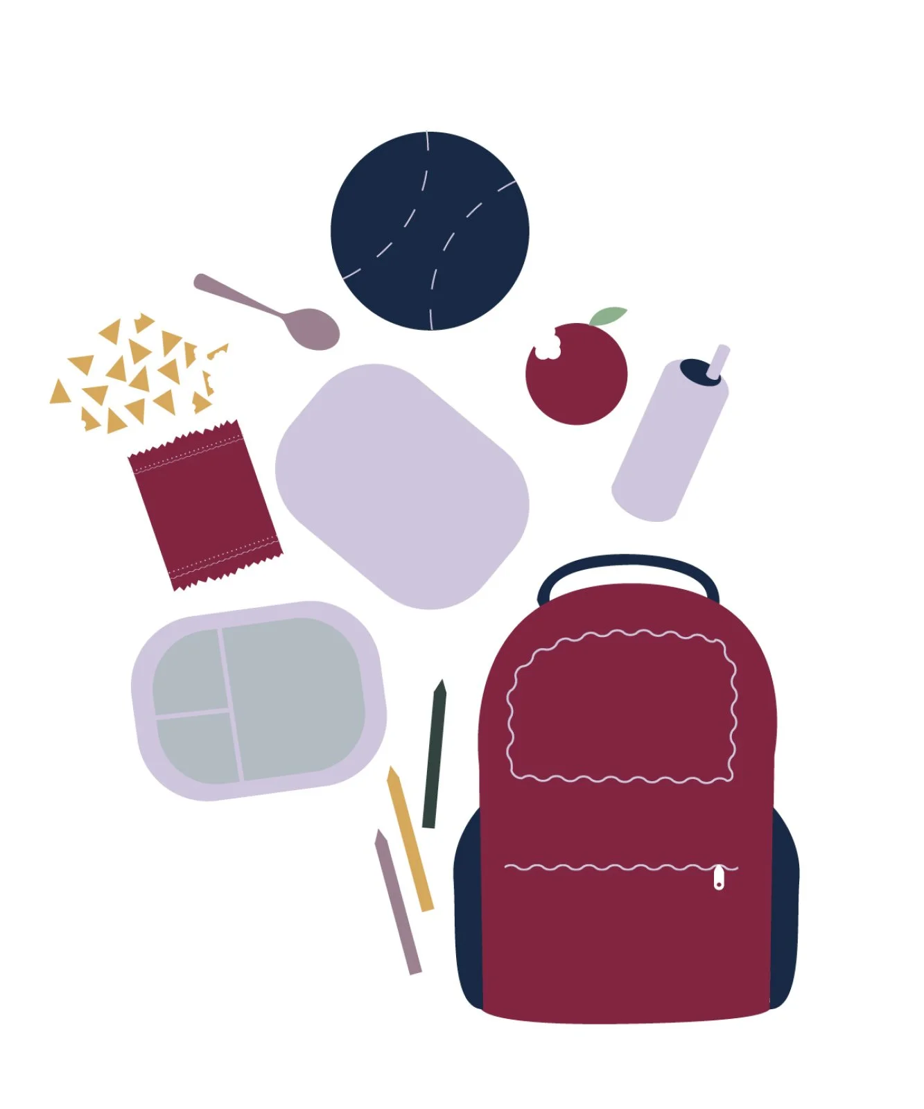 A digital illustration of a red backpack surrounded by various school supplies including a clock, snack bag, pen, marker, apple, paper towel, lunch box, and utensils.