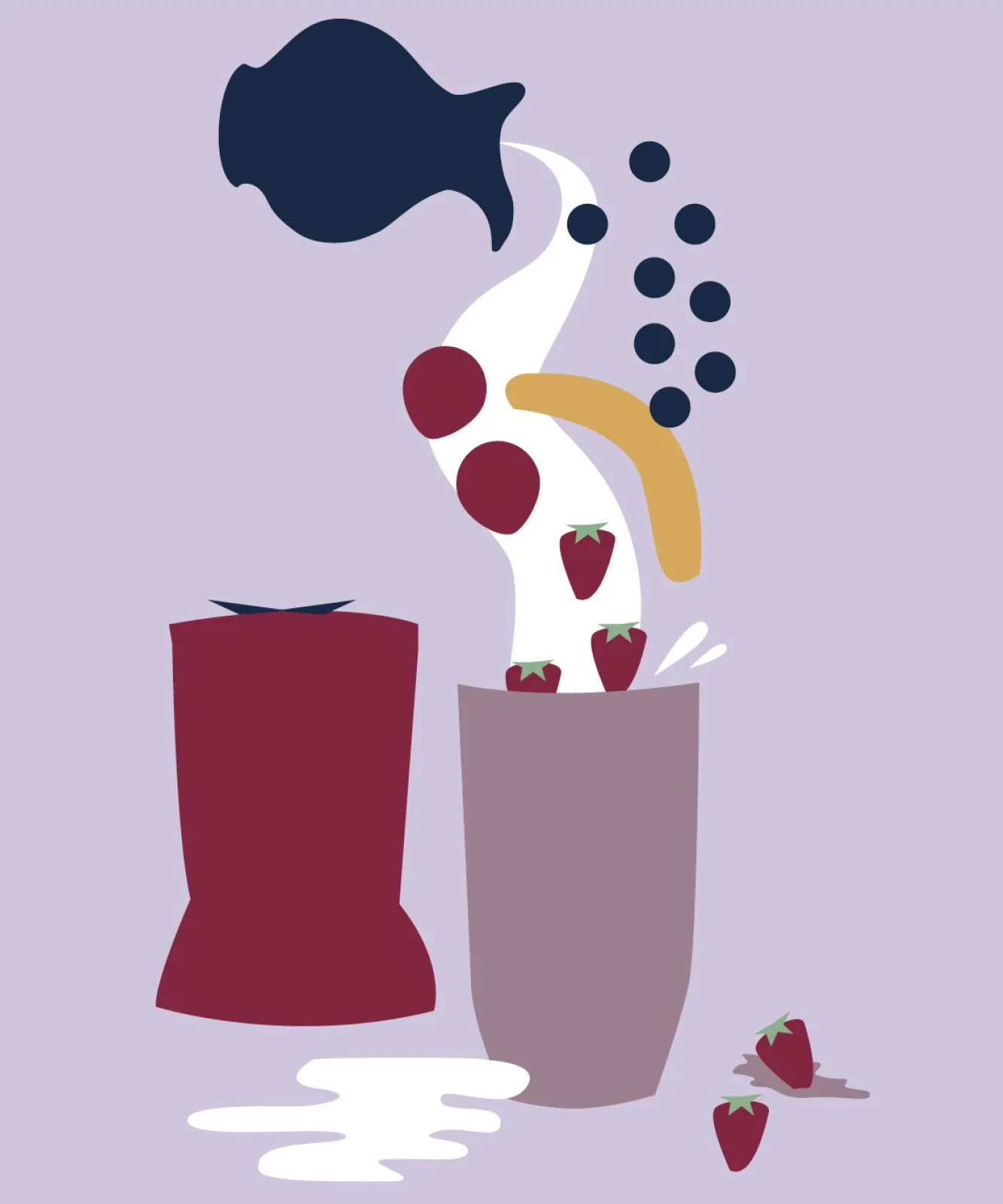Abstract illustration of strawberries, blueberries, and a banana in a vase, with a jar pouring water, against a purple background.