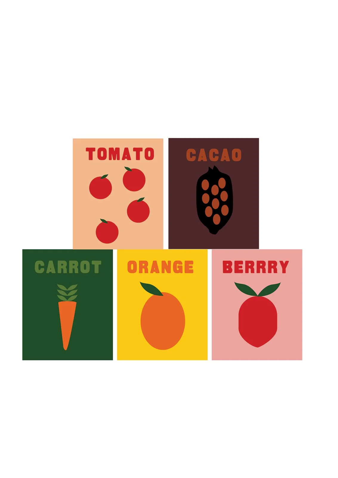 Illustration of five colorful rectangular cards, each with a different fruit or vegetable and its name. From left to right: a peach-colored card with red tomatoes, a dark brown card with a cacao pod, a green card with a carrot, a yellow card with an 