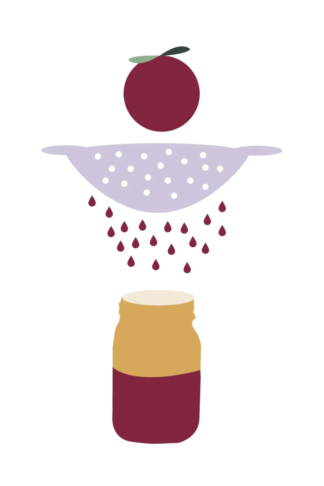 Abstract illustration of a jar, a colander, and a fruit with drops of juice falling into the jar.