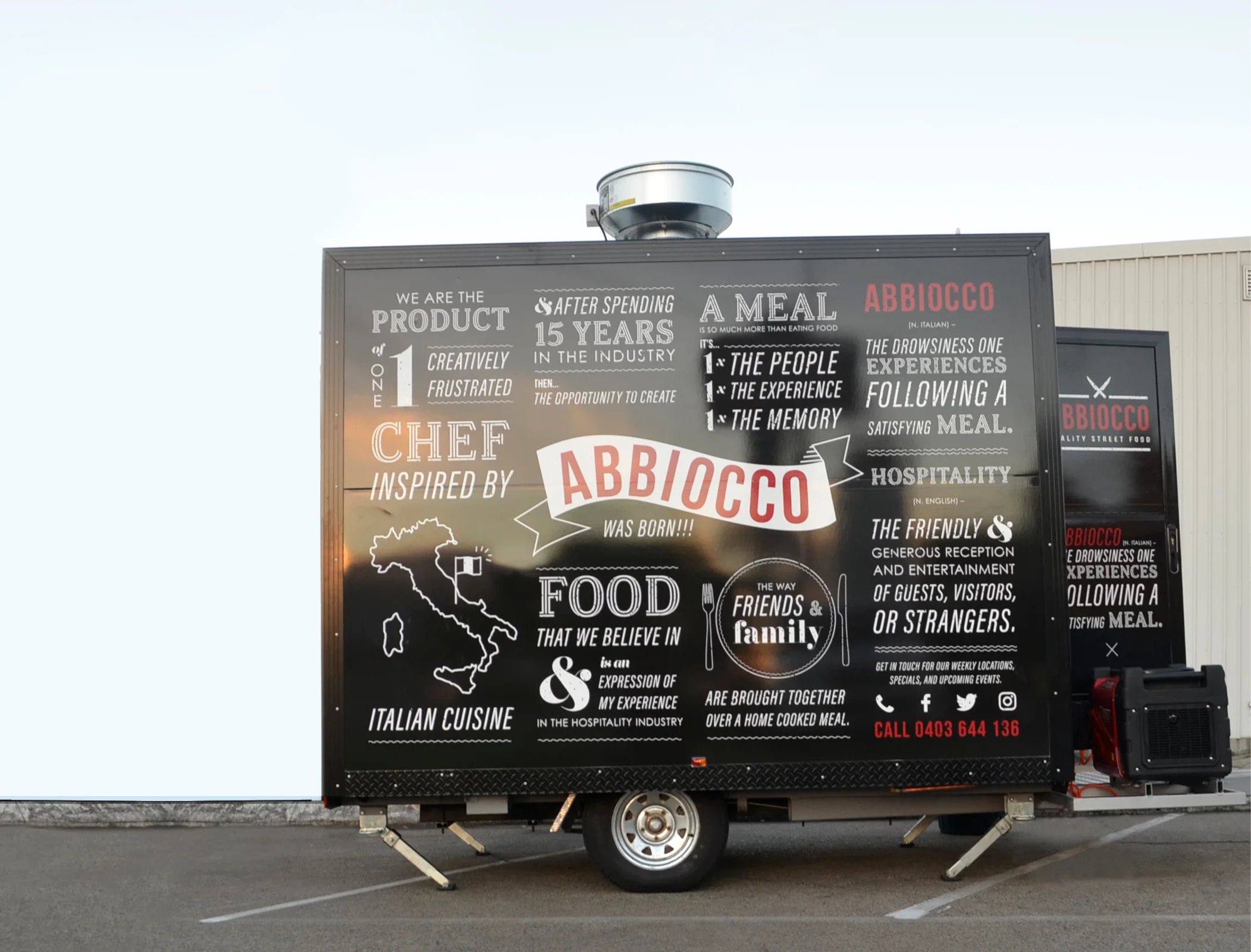 Here St. Clement used the Abbiocco story and published it in mixed fonts, a striking black, white and red colour scheme and supporting icons to make an eye catching portable restaurant.