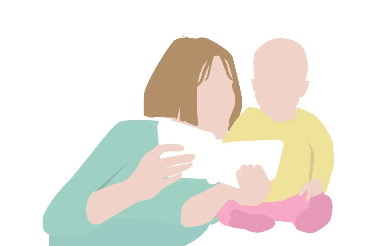 Mother and child looking at a tablet together, with the child sitting on the floor.