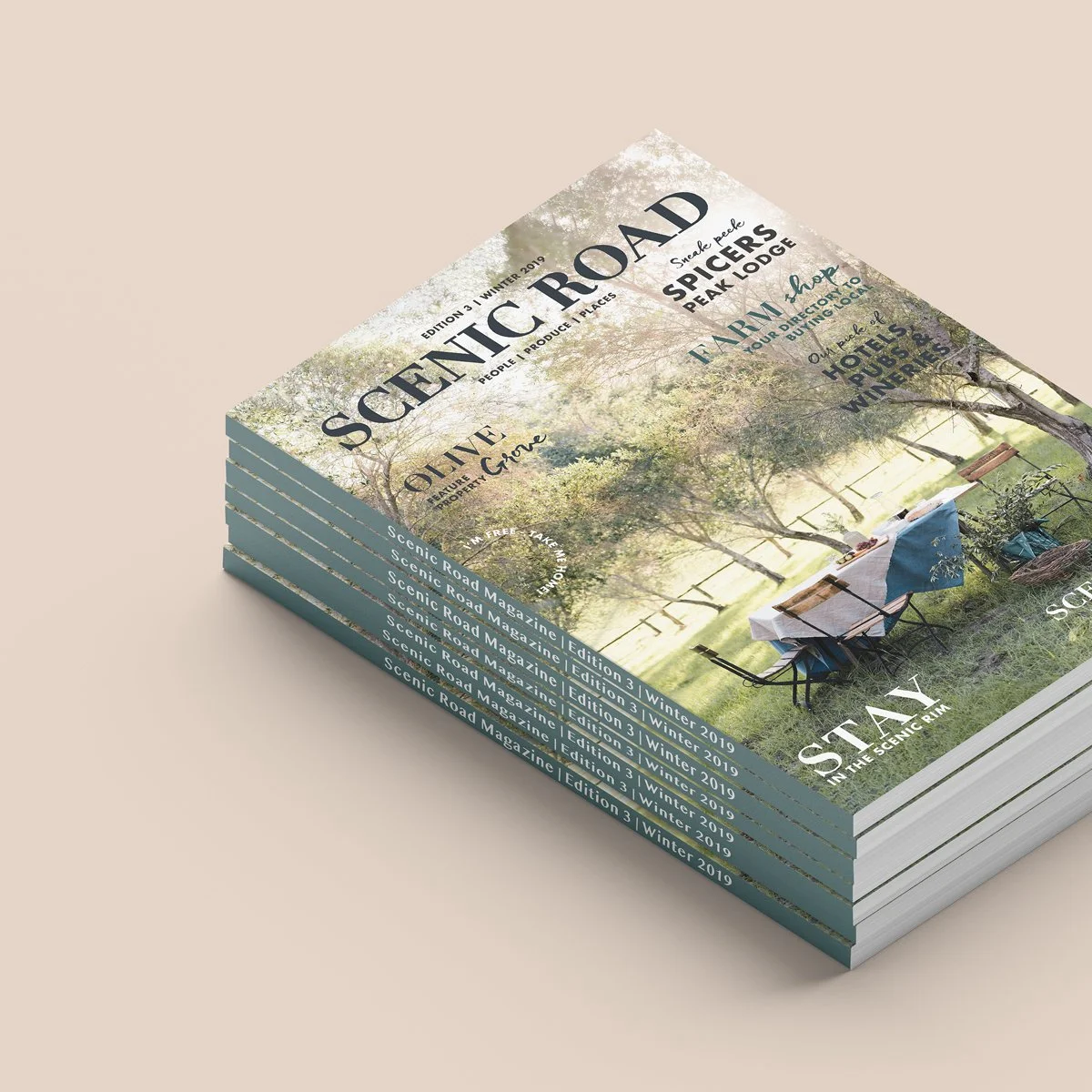 Stack of magazines titled Scenic Road, Winter 2019 edition 3, featuring images of trees, an outdoor table with a cloth, and park scenery.