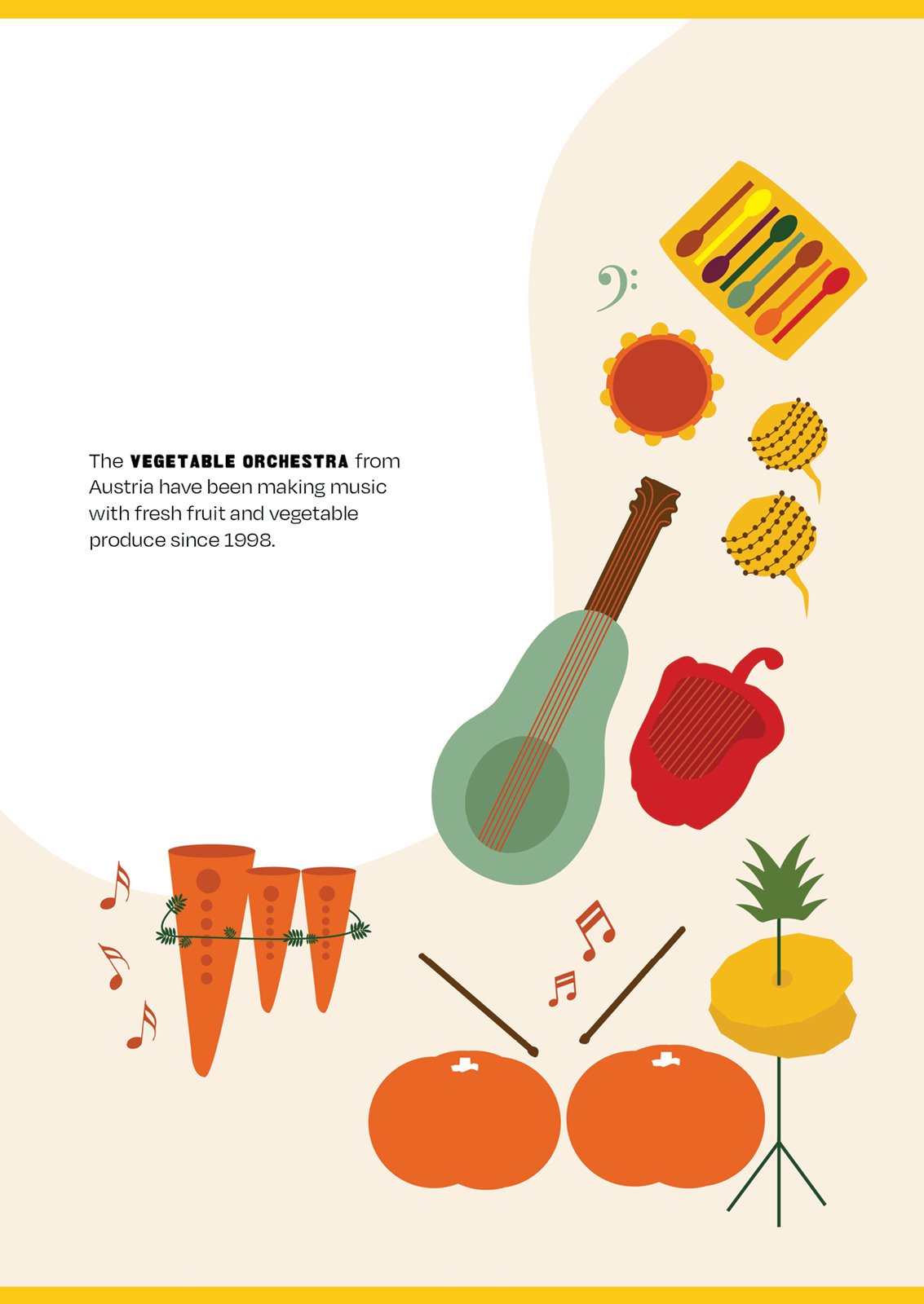 Illustration of musical instruments and vegetables, including a guitar, carrots, tomatoes, a red bell pepper, pineapple, and other musical paraphernalia, representing the Vegetable Orchestra from Austria.
