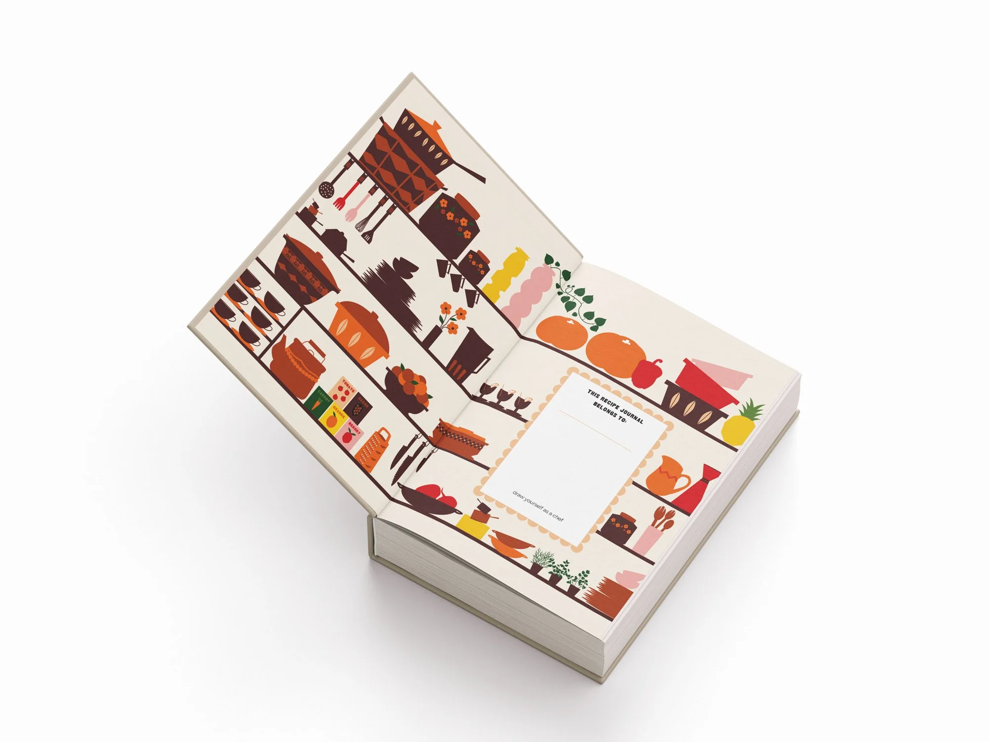 An open cookbook featuring colorful illustrations of kitchen and food items, with a designated space for a recipe on the right page.