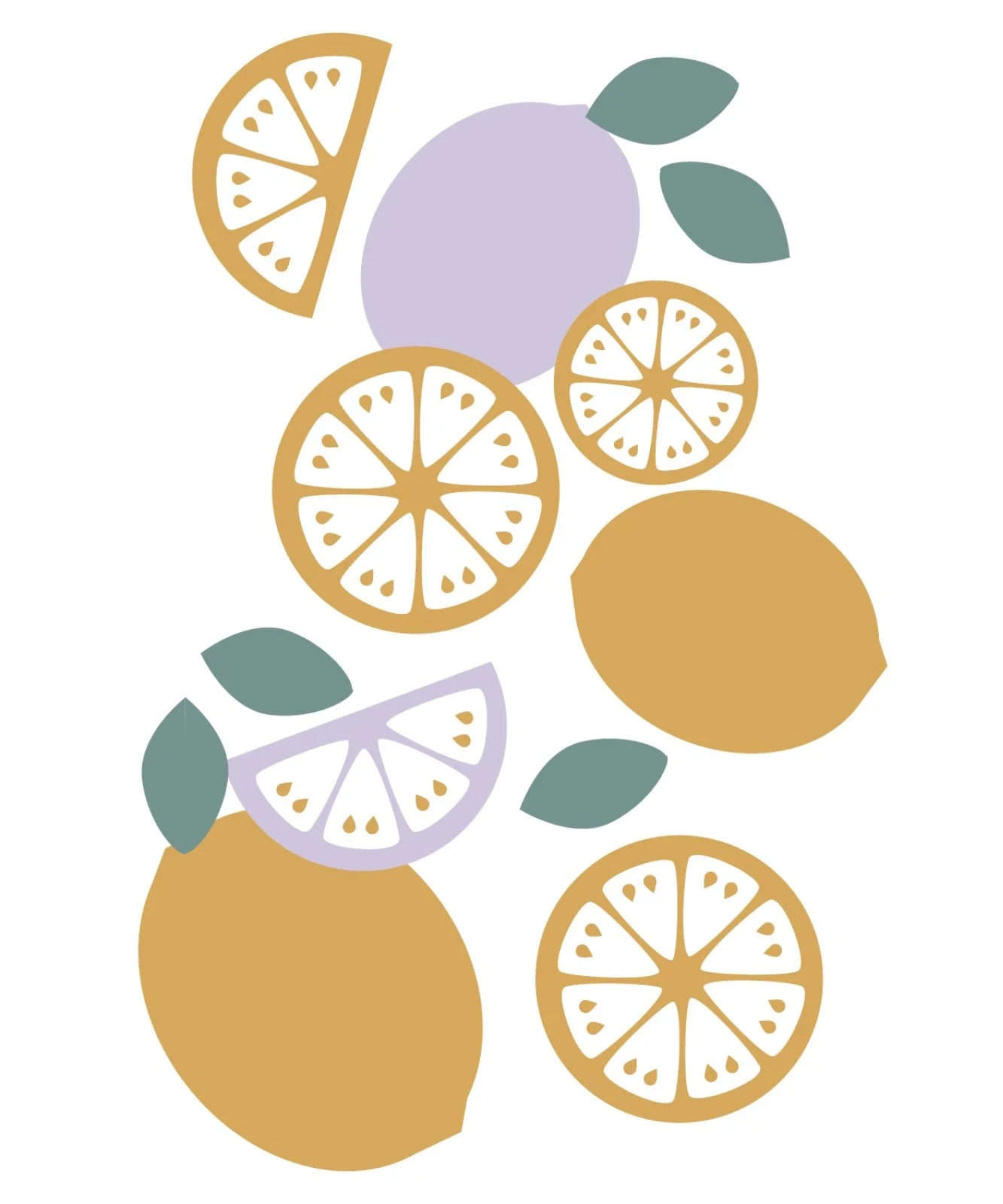 Stylized illustration of lemons and lemon slices with green leaves and a purple fruit or flower on a white background.