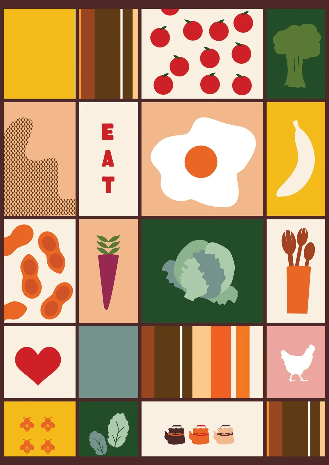 Illustrated collage of food and natural items including tomatoes, broccoli, banana, fried egg, carrots, lettuce, honey jars, and a heart, with the words "EAT" in the center.