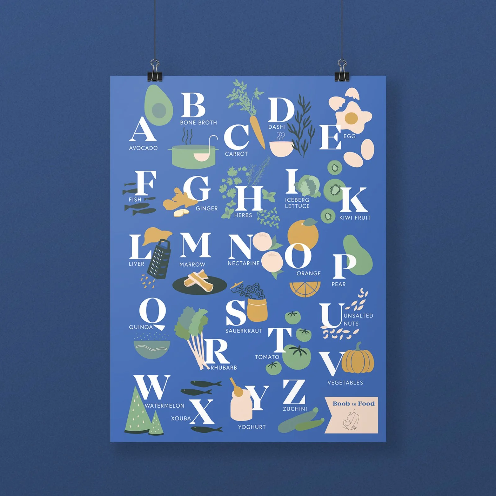 Alphabet chart featuring illustrations of food items corresponding to each letter, such as avocado, bone broth, carrot, egg, fish, ginger, herbs, iceberg lettuce, kiwi fruit, liver, marrow, nectarine, orange, pear, quinoa, sauerkraut, tomato, vegetab