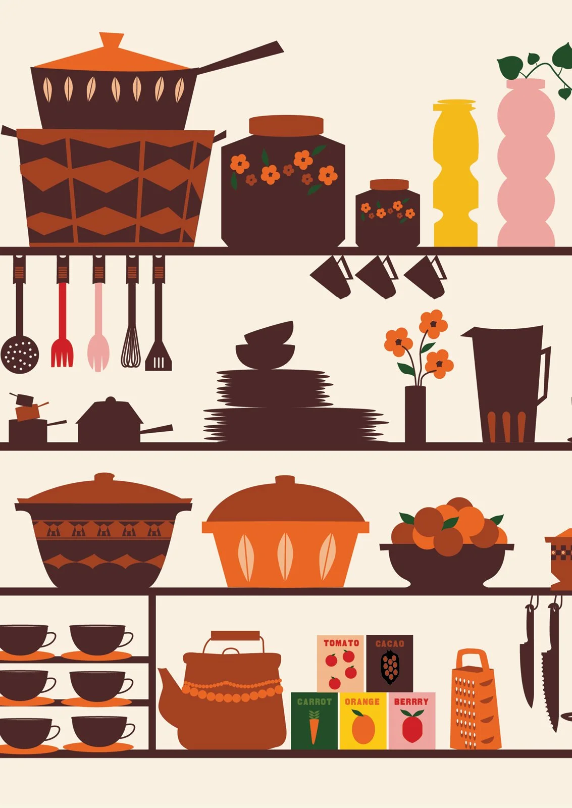 Stylized kitchen shelves with cookware, jars, cups, vegetables, and food items like oranges, and colorful boxes of fruit flavors, in warm earthy tones.
