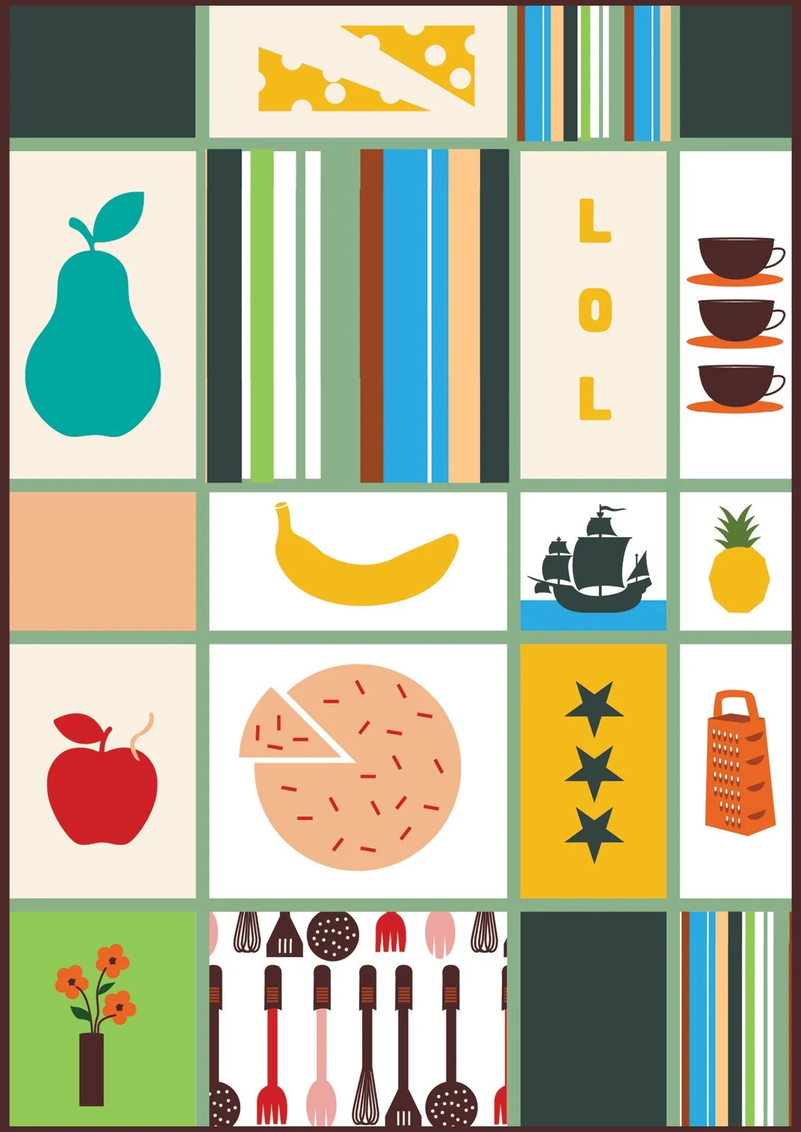Colorful illustration with various objects including a pear, books, the word 'LOL', stacked teacups, a banana, a sailing ship, a pineapple, an apple, a pie, a yellow box with black stars, a cheese grater, a vase with flowers, and kitchen utensils.