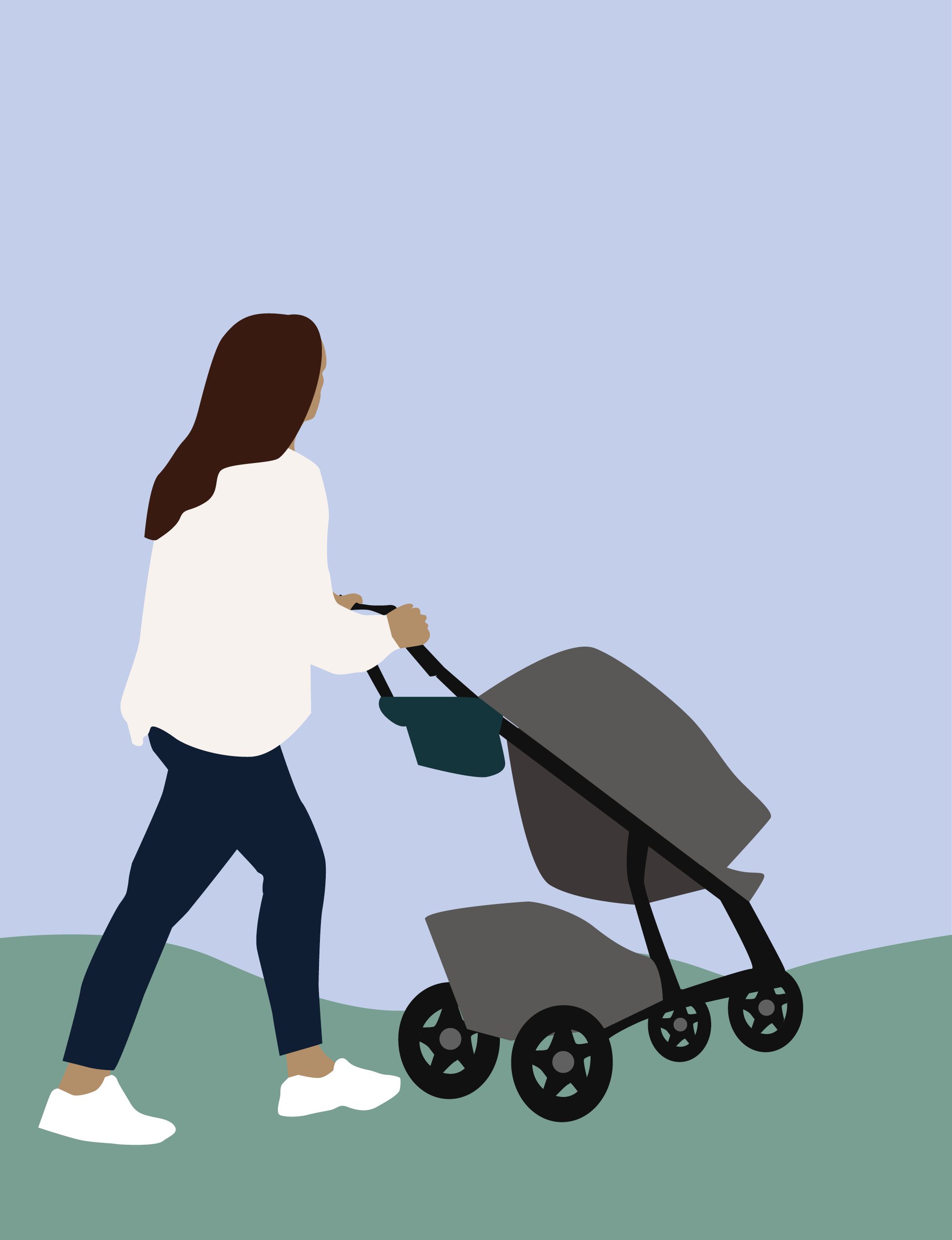 Illustration of a woman pushing a baby stroller on a grassy field with a clear sky background.
