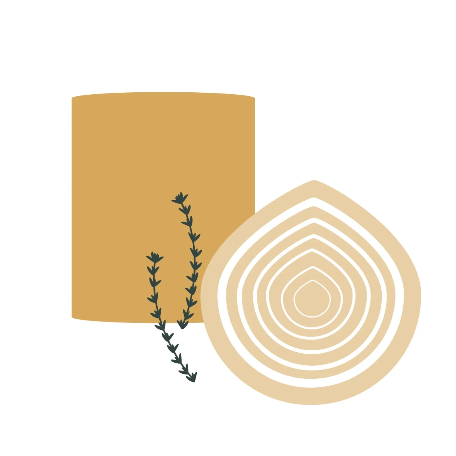 Minimalist illustration of a beige candle with a sprig of greenery and a cross-section of a tree trunk showing growth rings.