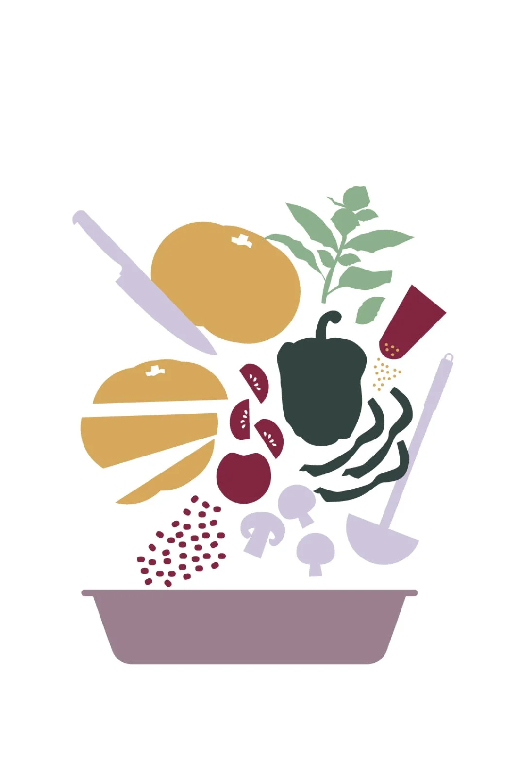 Abstract illustration of various vegetables, herbs, and cooking utensils, including bell peppers, tomatoes, mushrooms, spinach, and a knife, flowing into a bowl