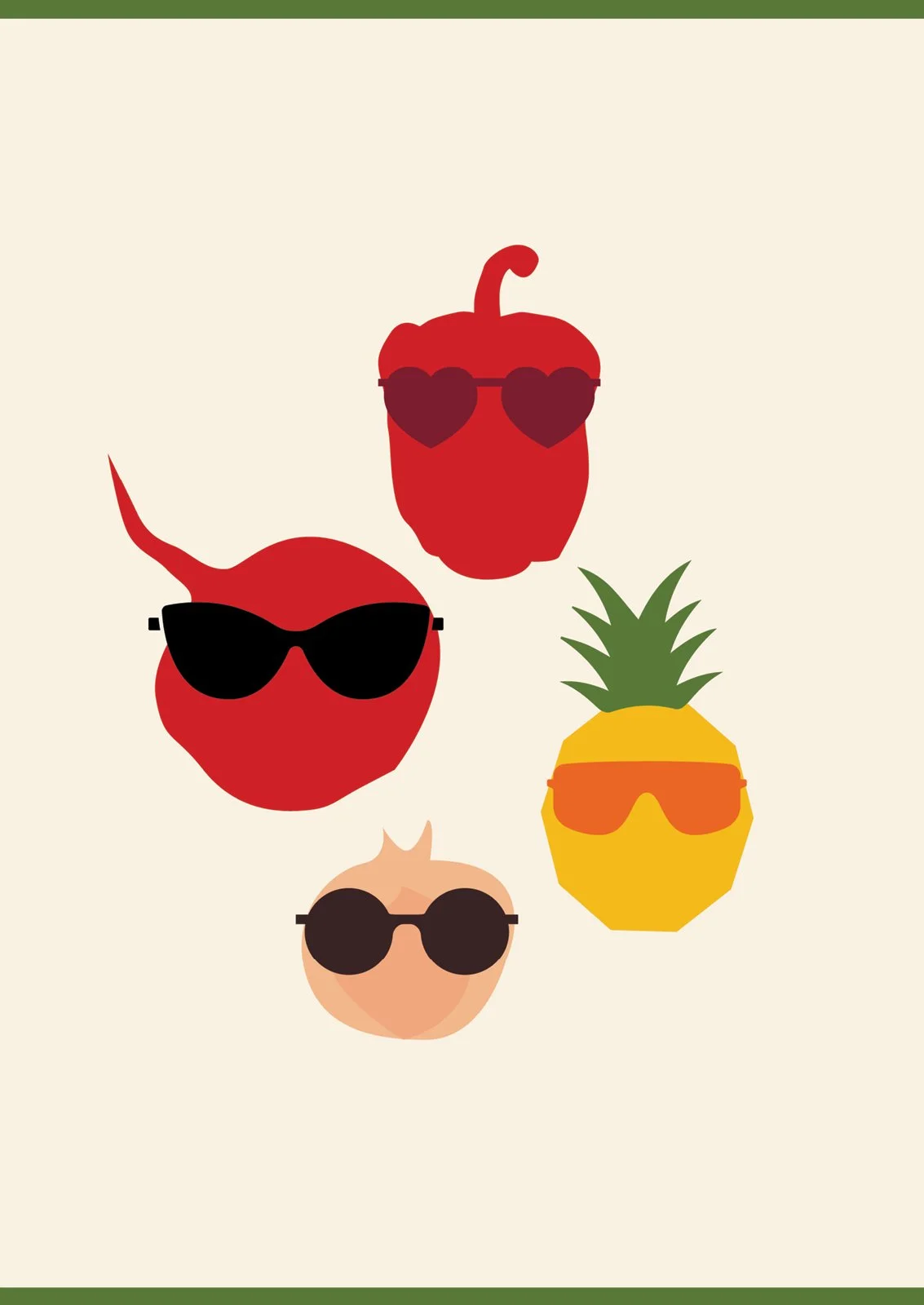 Stylized digital illustration of a cherry, a chili pepper, a pineapple, and a peach, all wearing sunglasses, on a light background with a green border.