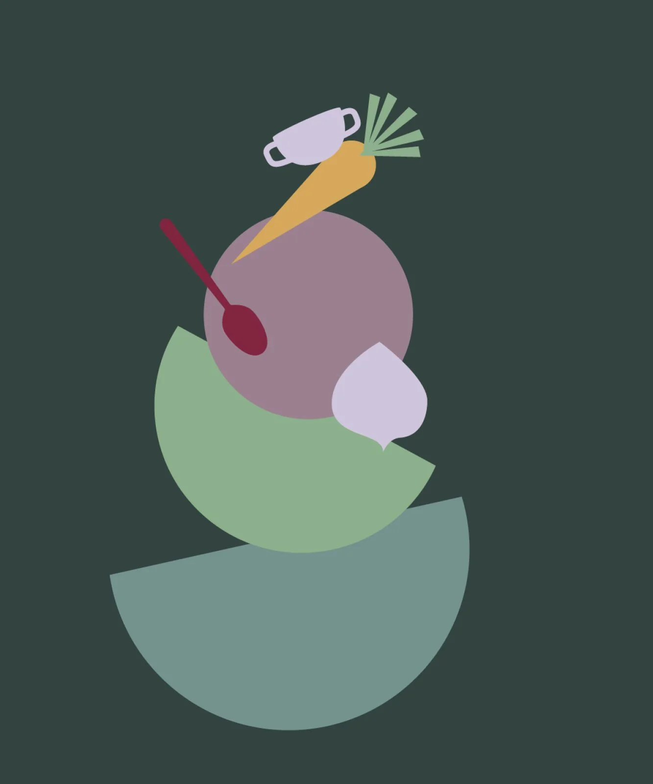 Abstract digital illustration of stacked shapes with a spoon, onion, carrot, garlic, and a cup.