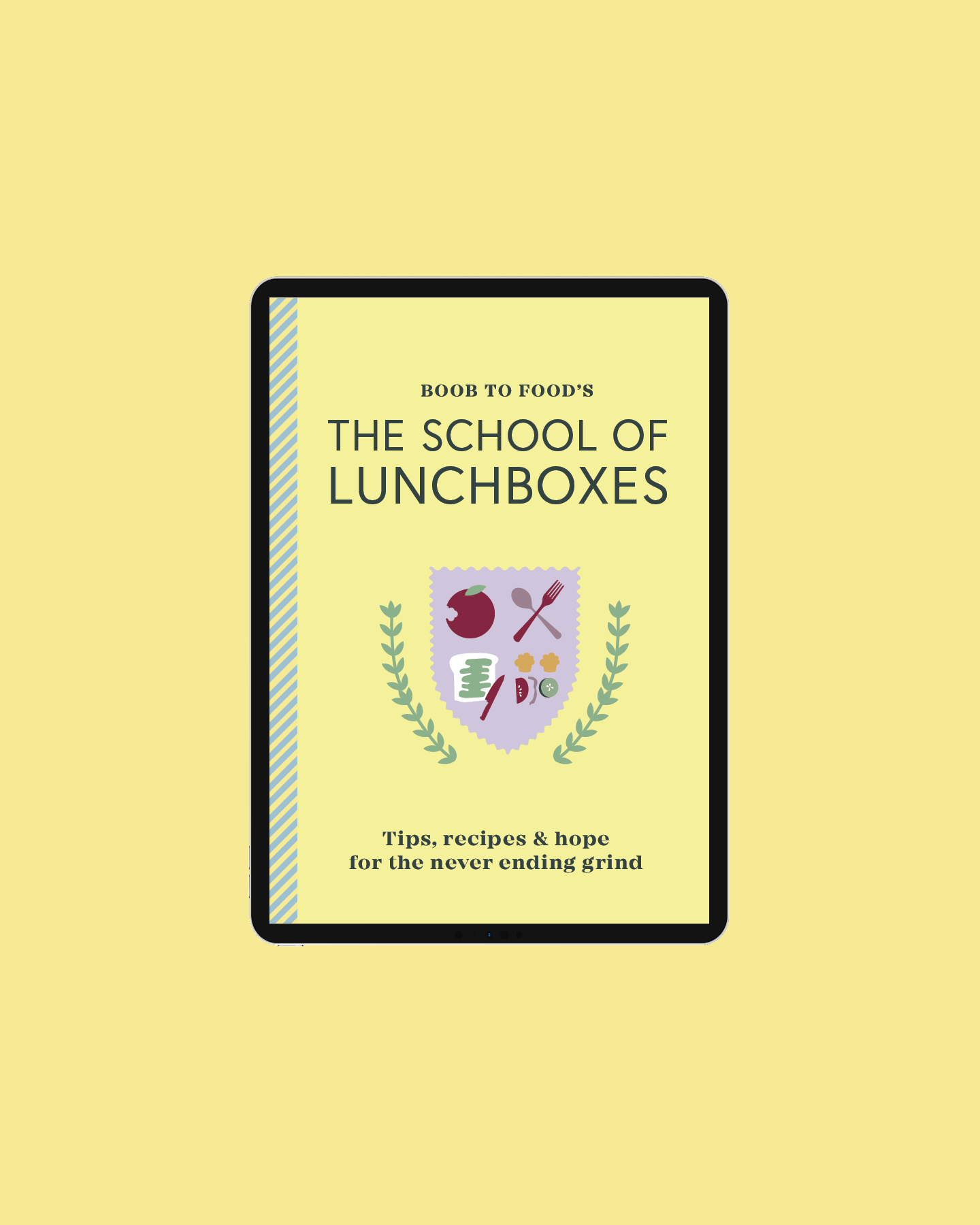 Ebook cover titled "The School of Lunchboxes" with a pastel purple shield emblem featuring a red apple, fork, spoon, and other food items, surrounded by green laurel branches on a yellow background.