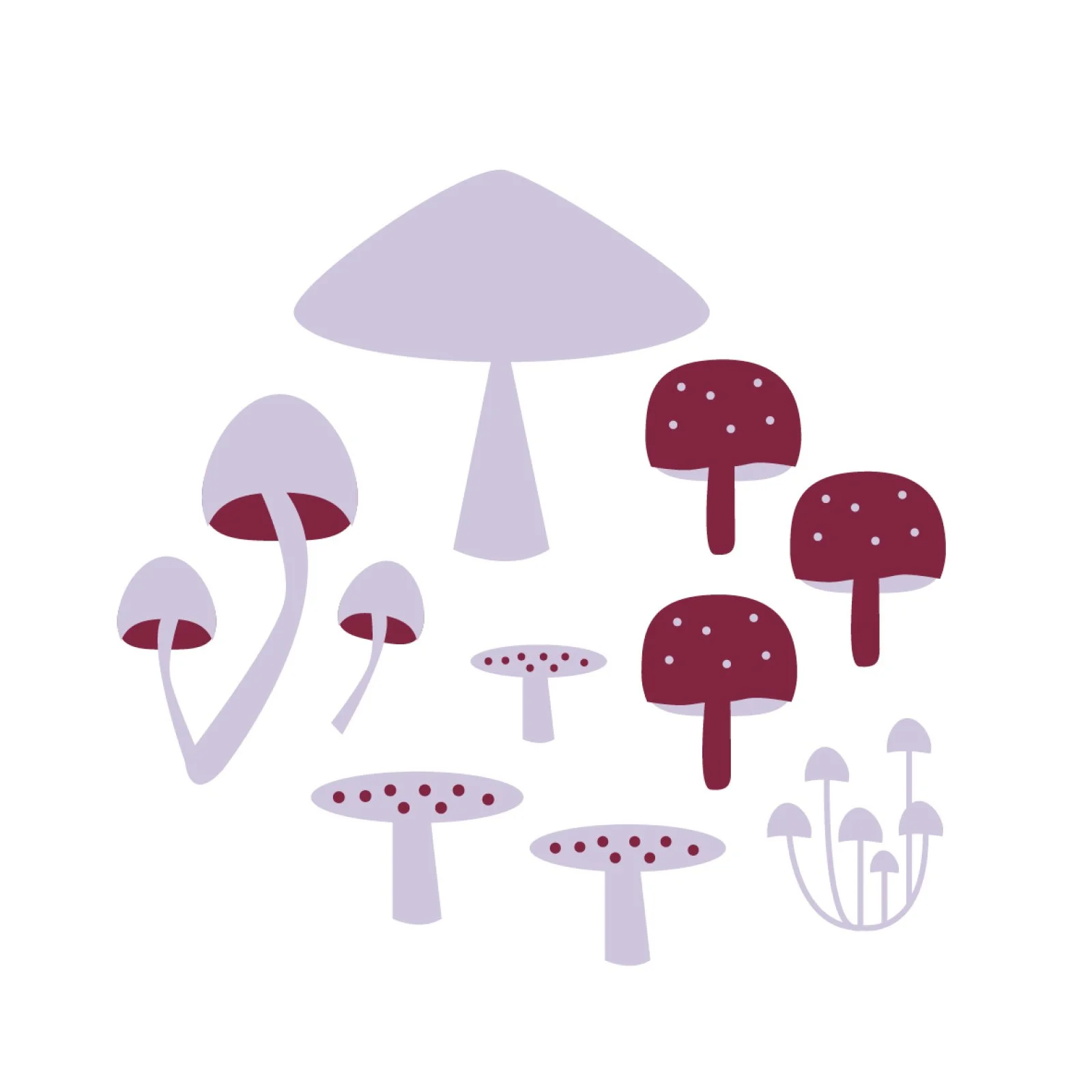 Stylized illustration of various mushrooms in shades of purple and burgundy on a white background.