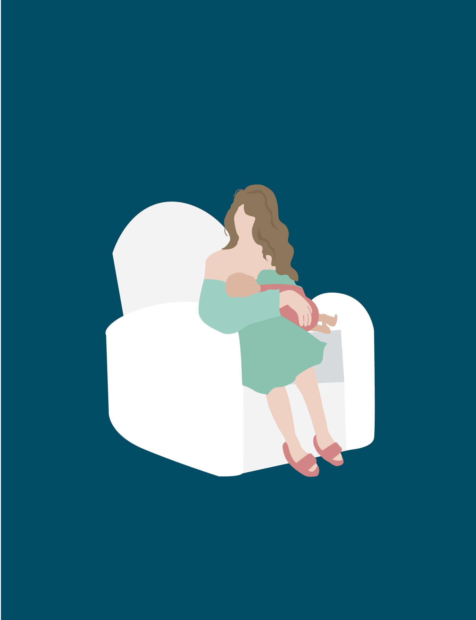 Digital illustration of a woman with long curly hair holding a small child, sitting on a white armchair against a dark teal background.