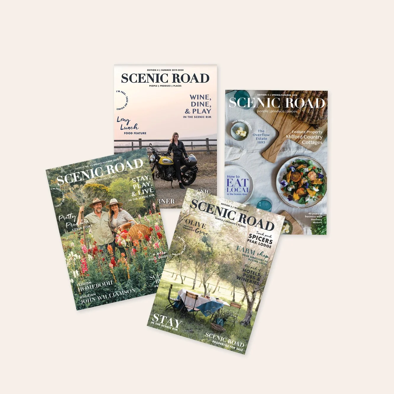 Collection of four Scenic Road magazine covers featuring outdoor lifestyle scenes and articles about local food, farms, and properties.