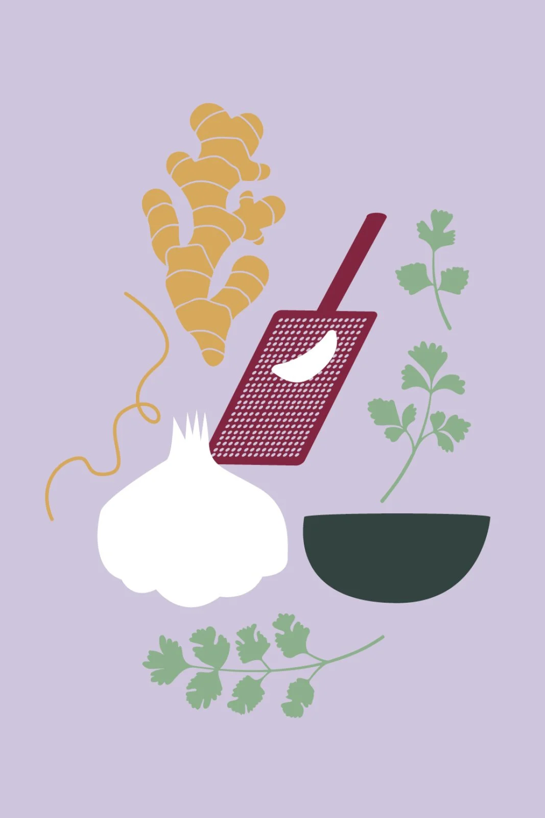 A simplified illustration of ingredients used in cooking, including ginger, garlic, cilantro, and a grater with a piece of ginger, all set against a light purple background.