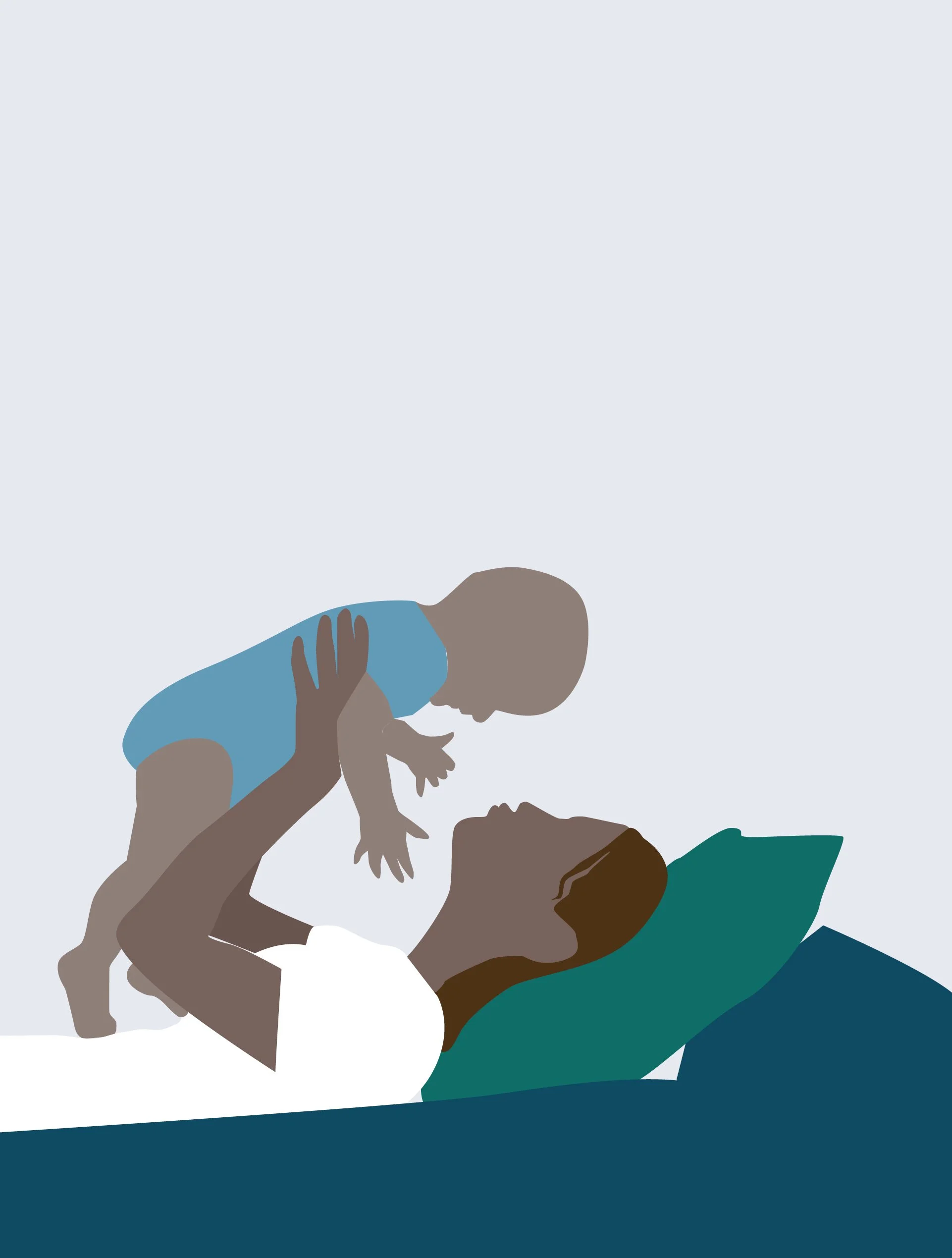 Illustration of a woman lying on a bed holding a baby above her. The woman has Brown hair, and the baby is wearing a blue outfit.