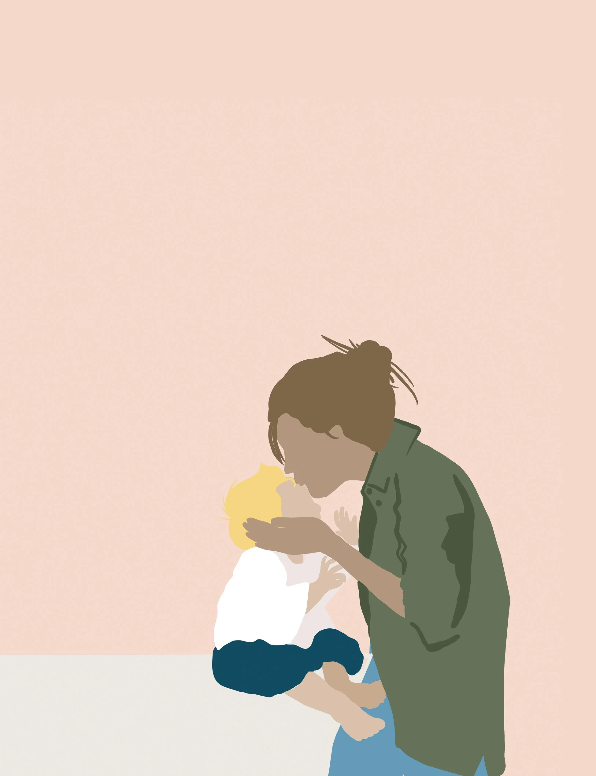 Illustration of a woman gently kissing a young child on the lips, with the child sitting on her knee and looking up at her.