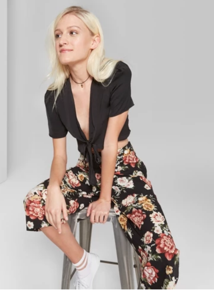 Short Sleeve Tie Front Satin Top