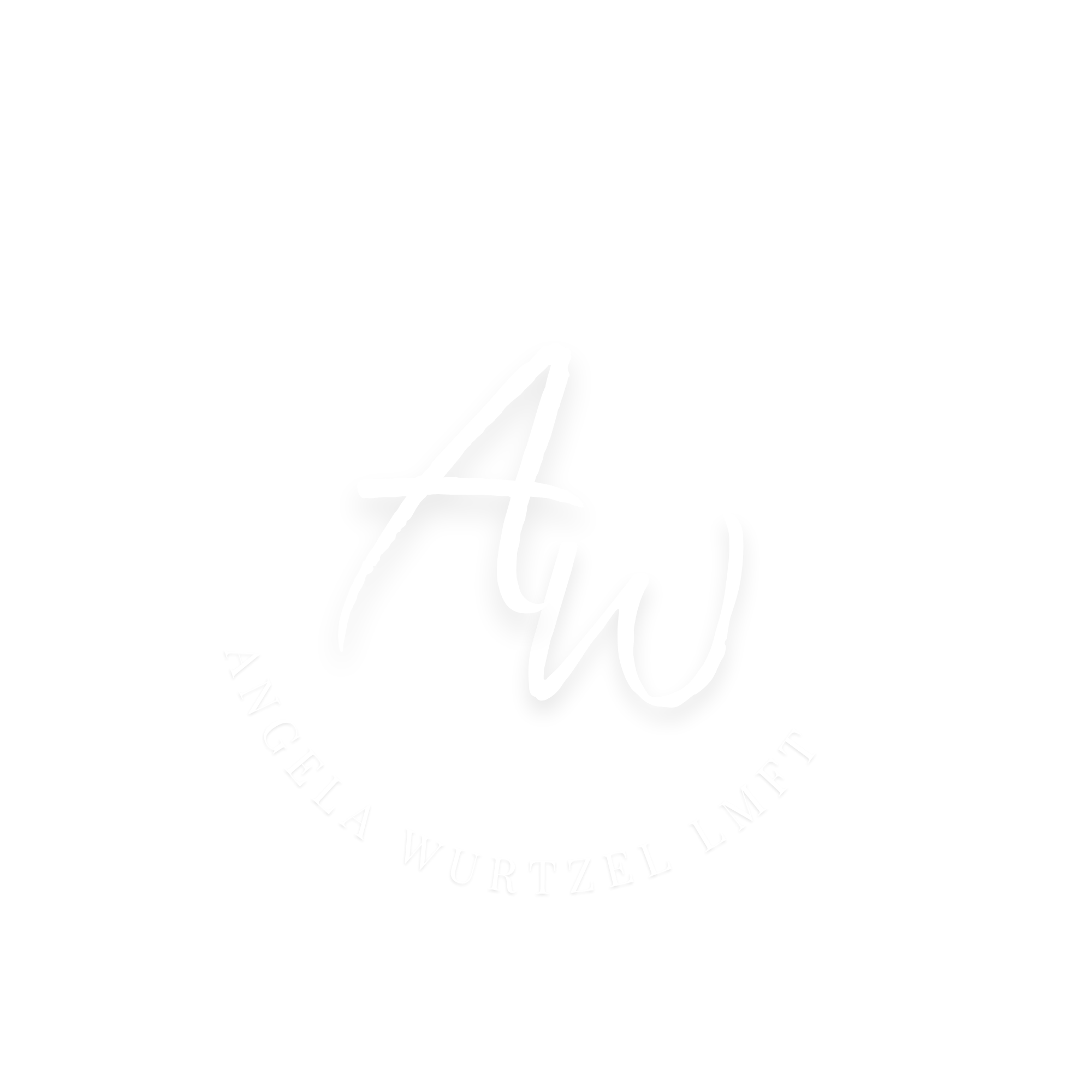 Circular logo with a black background, white outline, and the phrase 'Angela Wurtzel LMFT' written in a circular pattern around a large, stylized letter 'A' in the center.