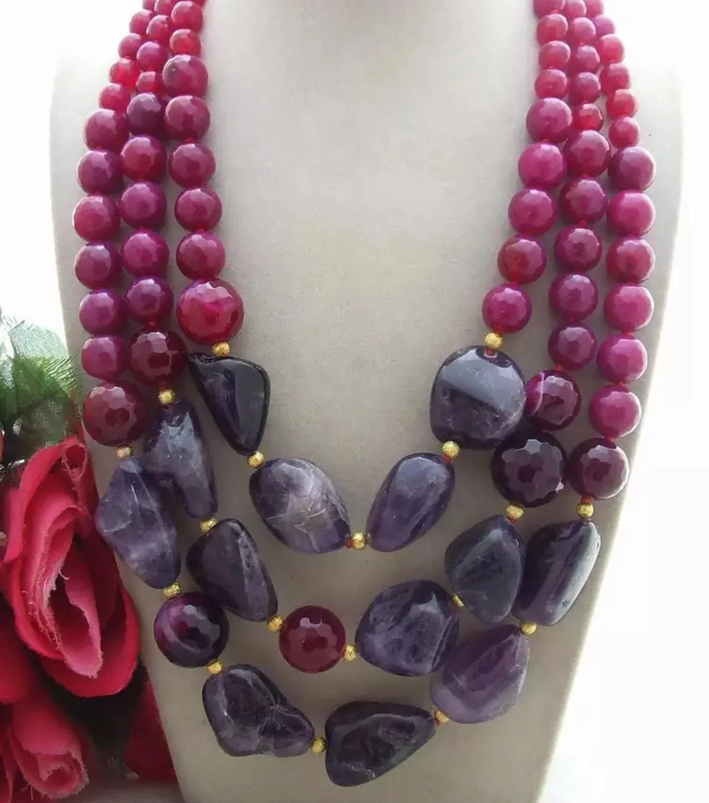 Agate and amethyst three row necklace.