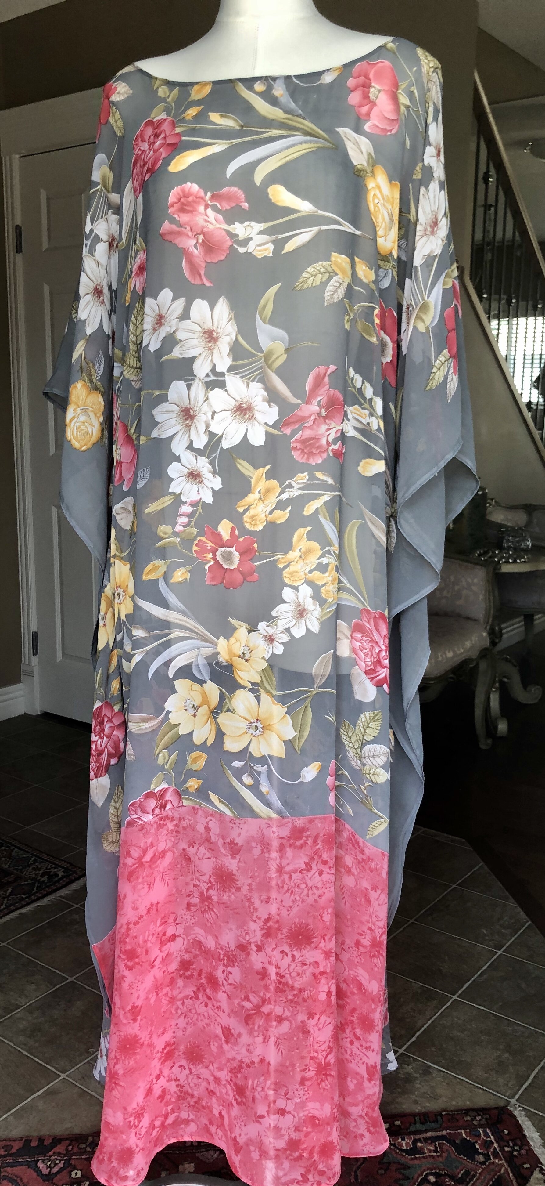Grey and Pink Floral Long Kaftan