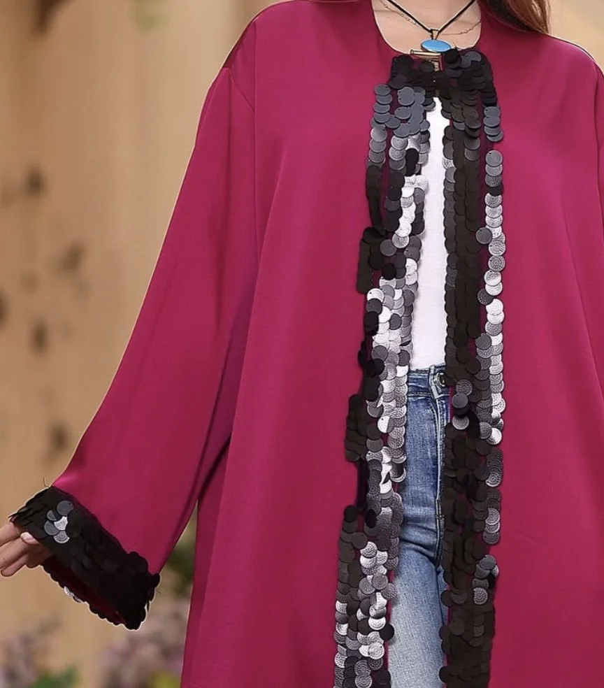 Fuchsia and Black Open Long Kaftan Abaya