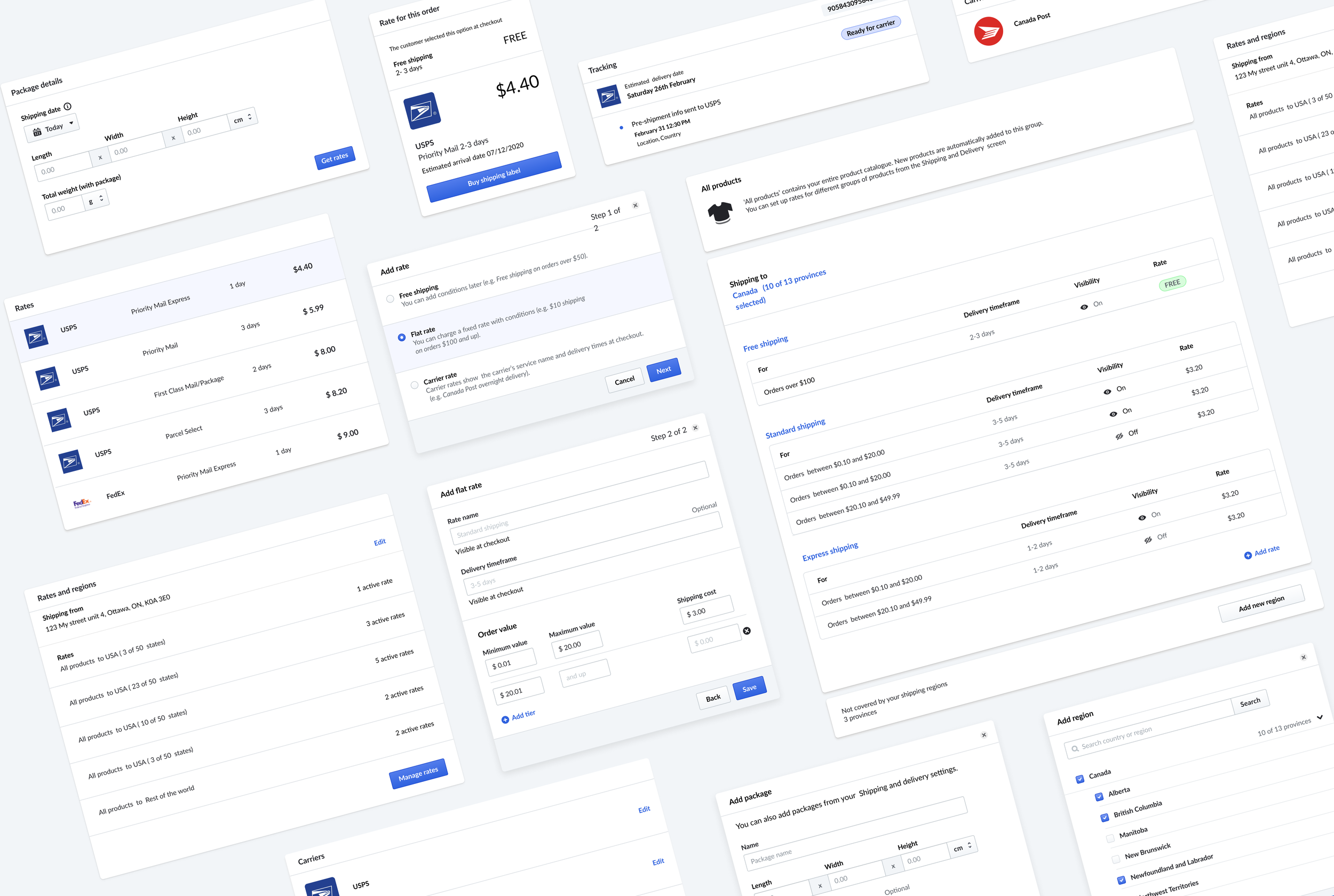 many screen designs for setting up retail shipping