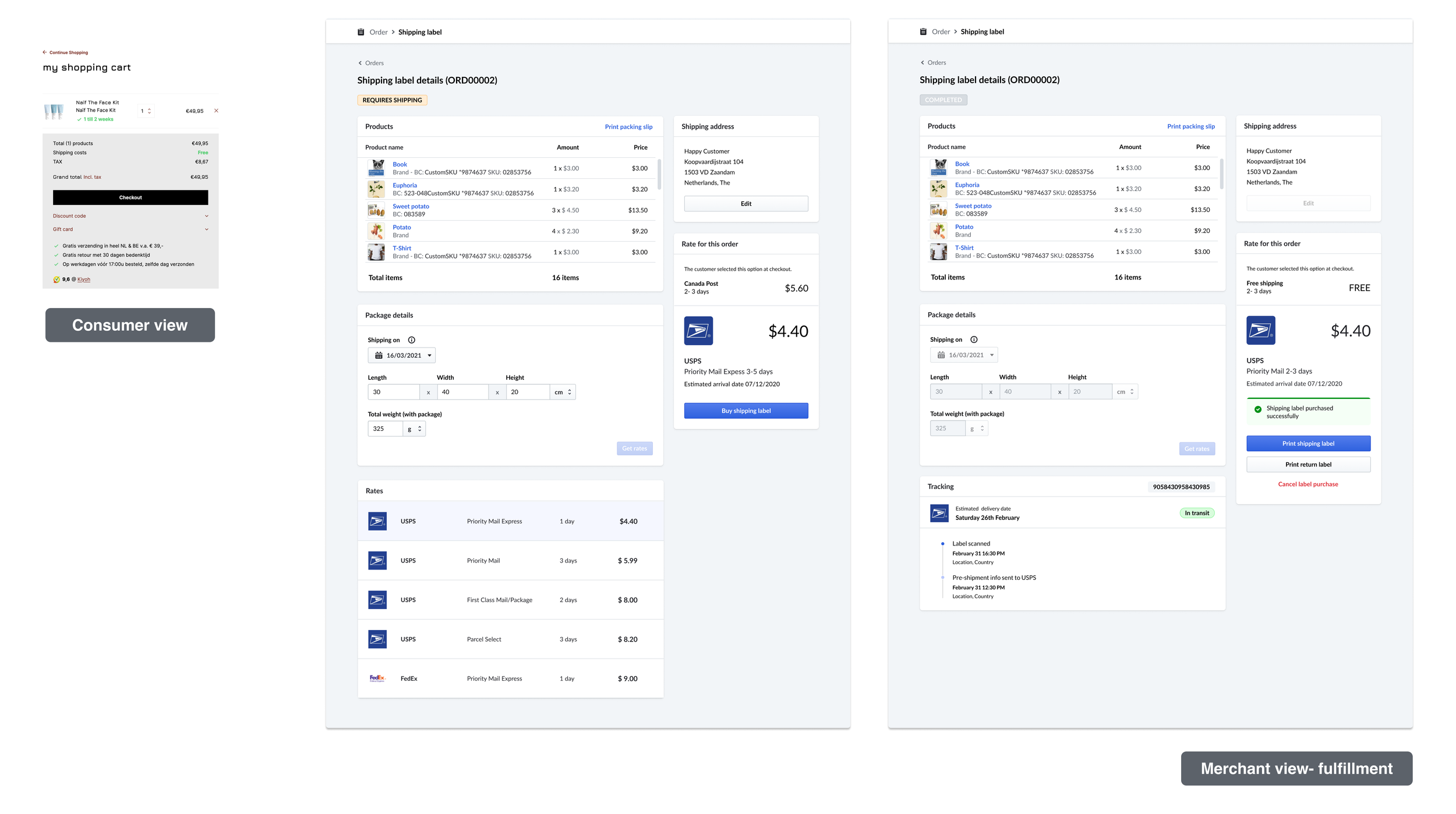 customer shopping cart view - order fulfillment merchant views