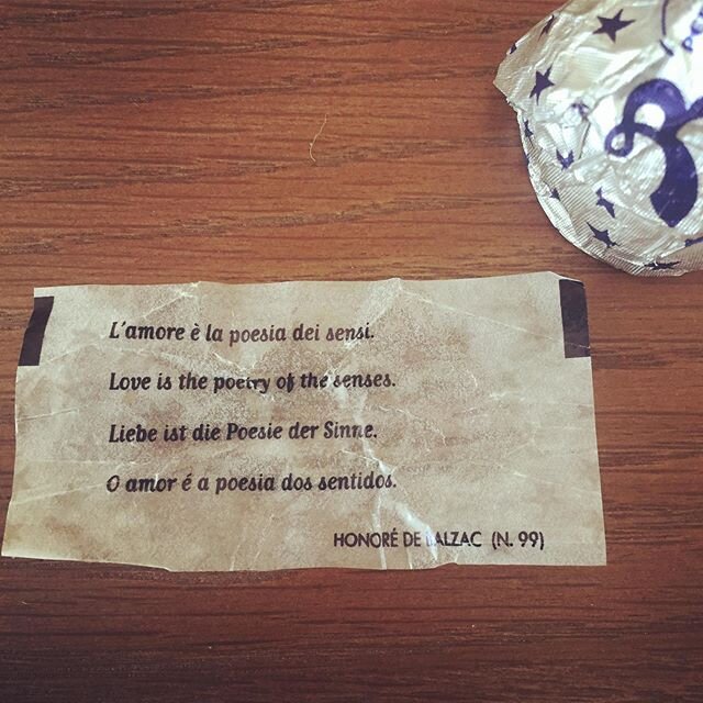 Got into the habit of buying Baci chocolate kisses whenever I go into the Italian shop round the corner from where we live. They come with love notes written in different languages. Like fortune cookies, but better!