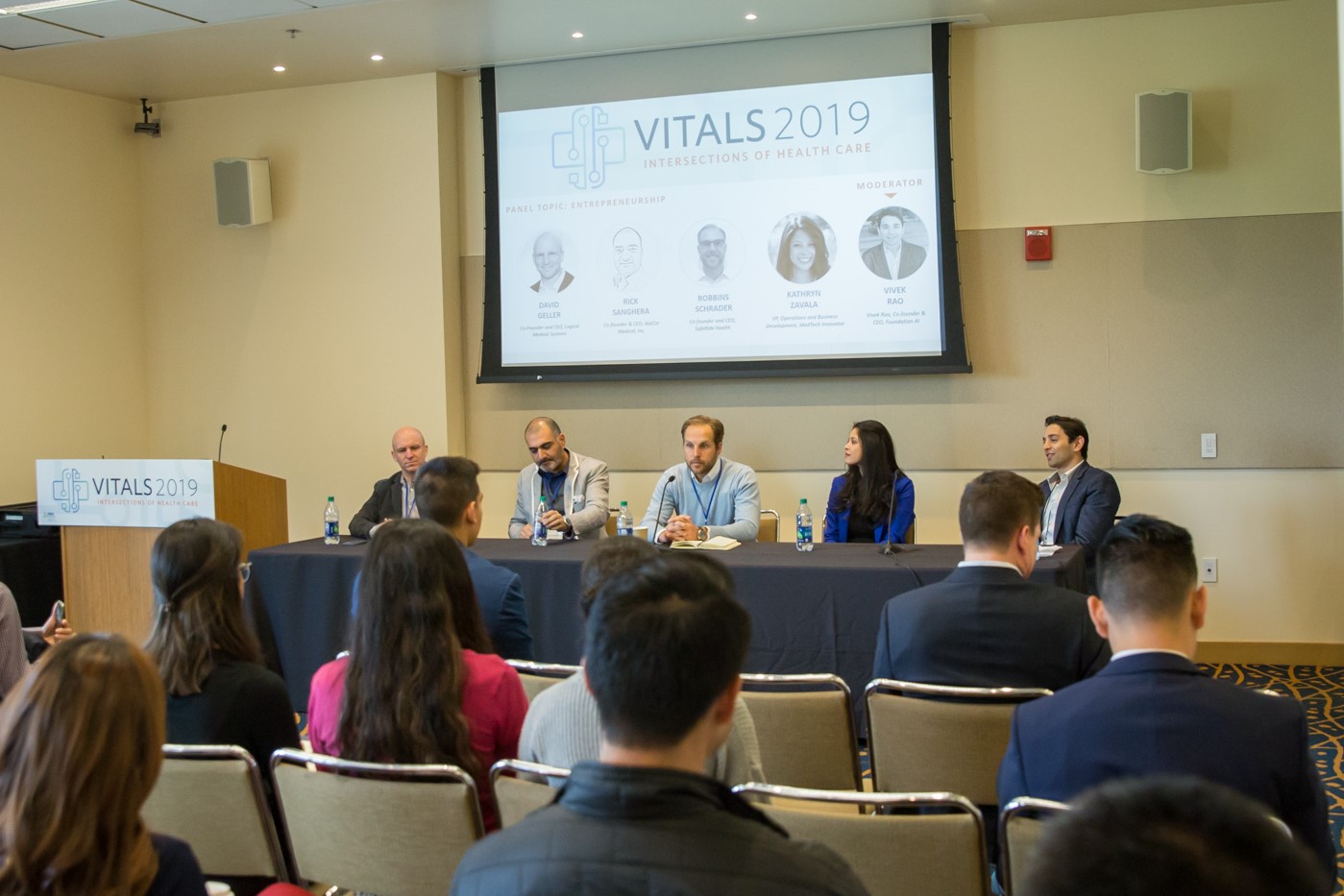 Foundation AI CEO Vivek Rao moderating the Vitals 2019 panel on Entrepreneurship in Healthcare.