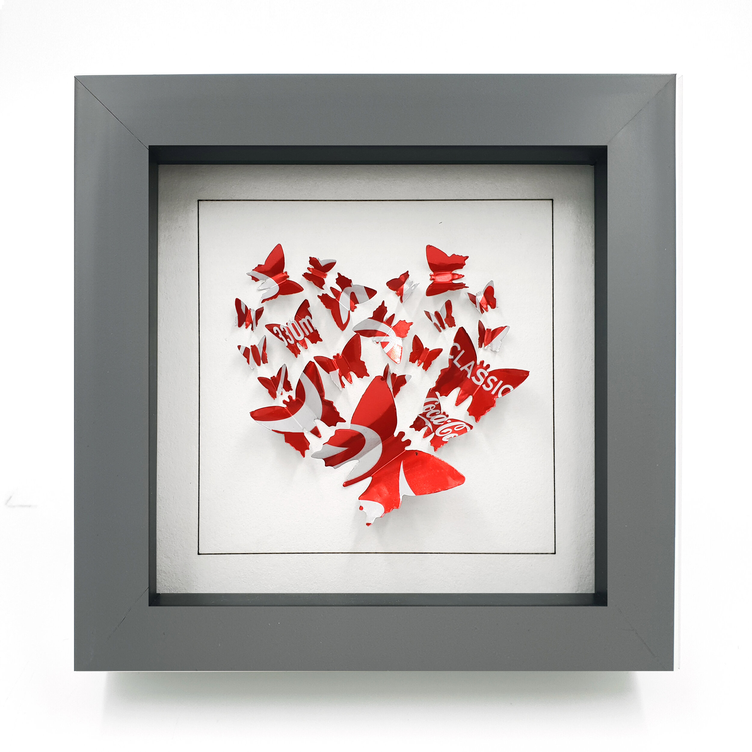 Coca-Cola red and white butterfly heart framed design grey frame