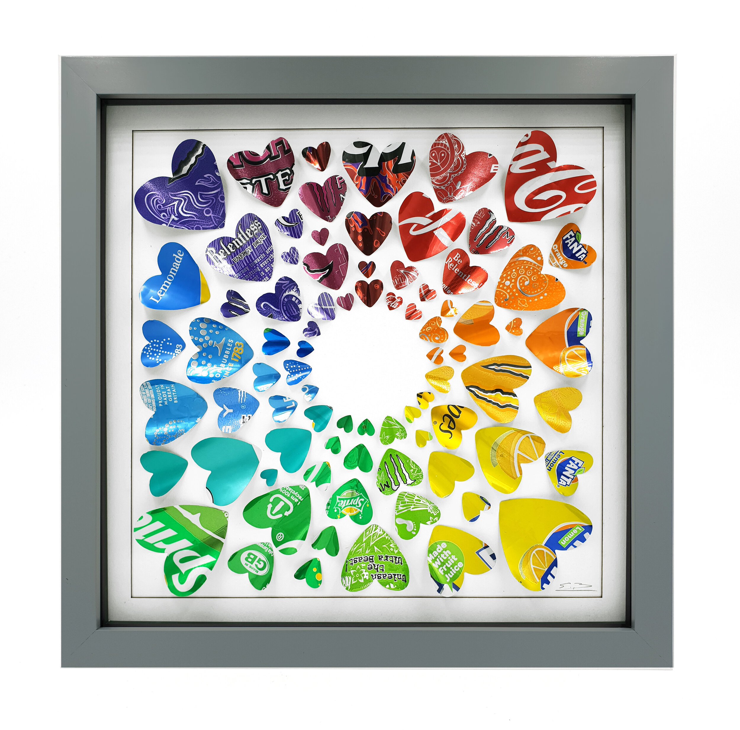 Rainbow gradient Heart Circle sustainable art hand made with can grey frame