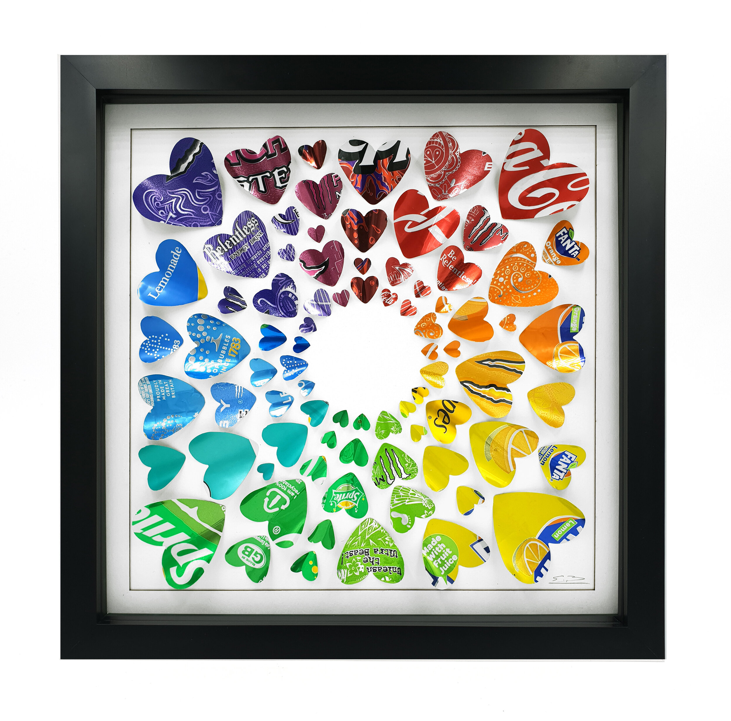 Rainbow gradient Heart Circle sustainable art hand made with can  black frame