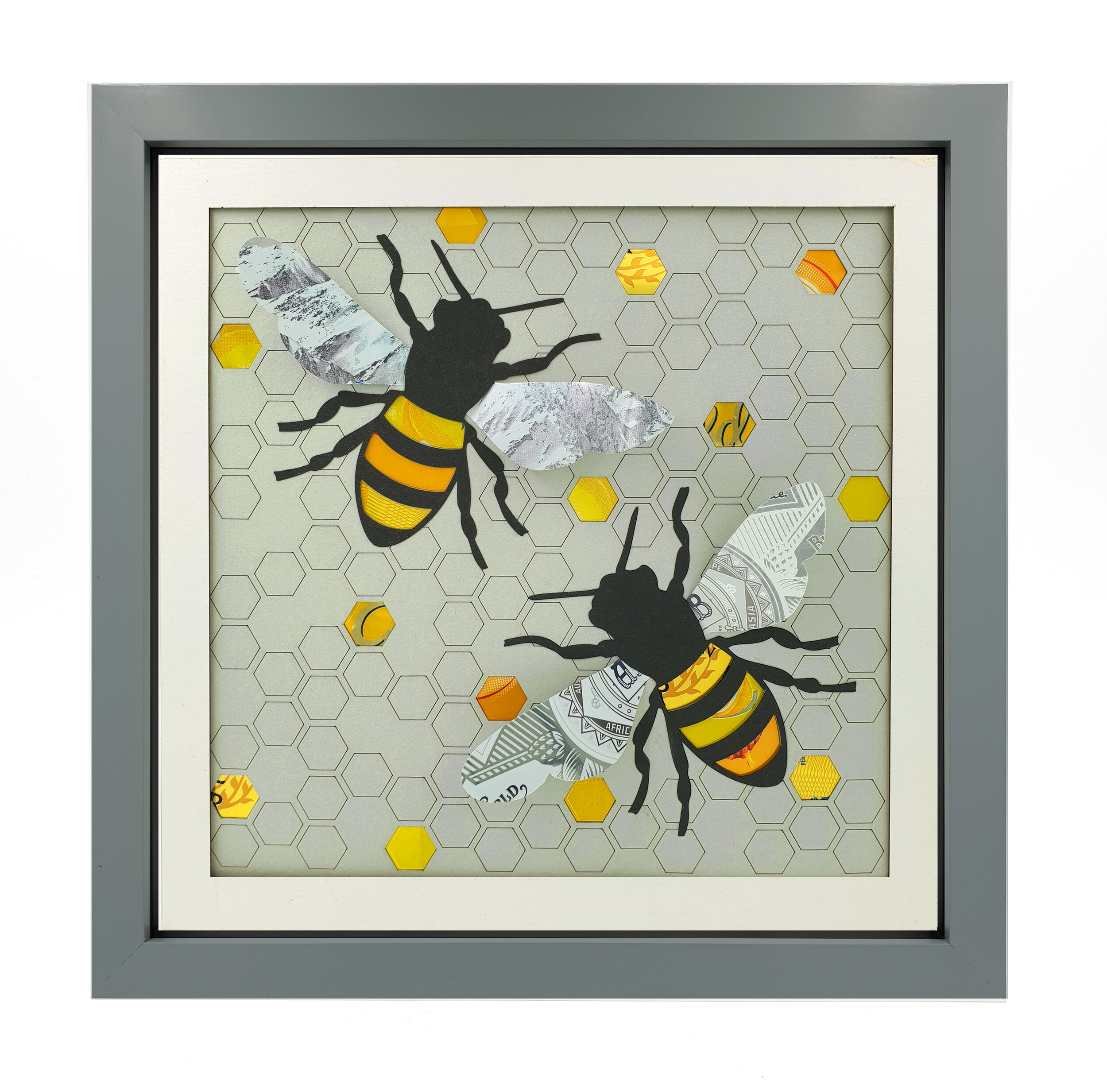 3D Bees black and yellow upcycled can wall art grey frame