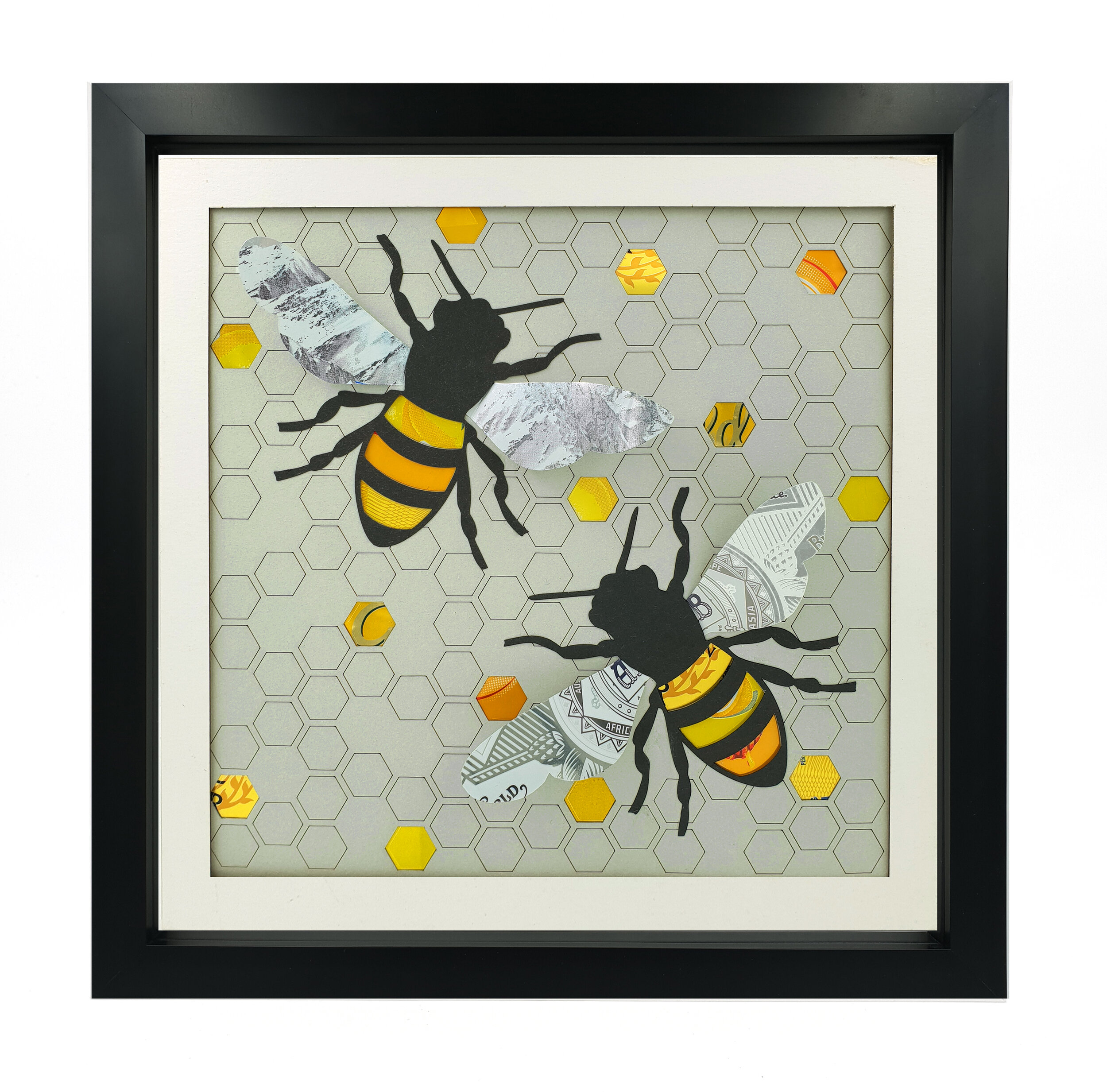 3D Bees black and yellow upcycled can wall art black frame