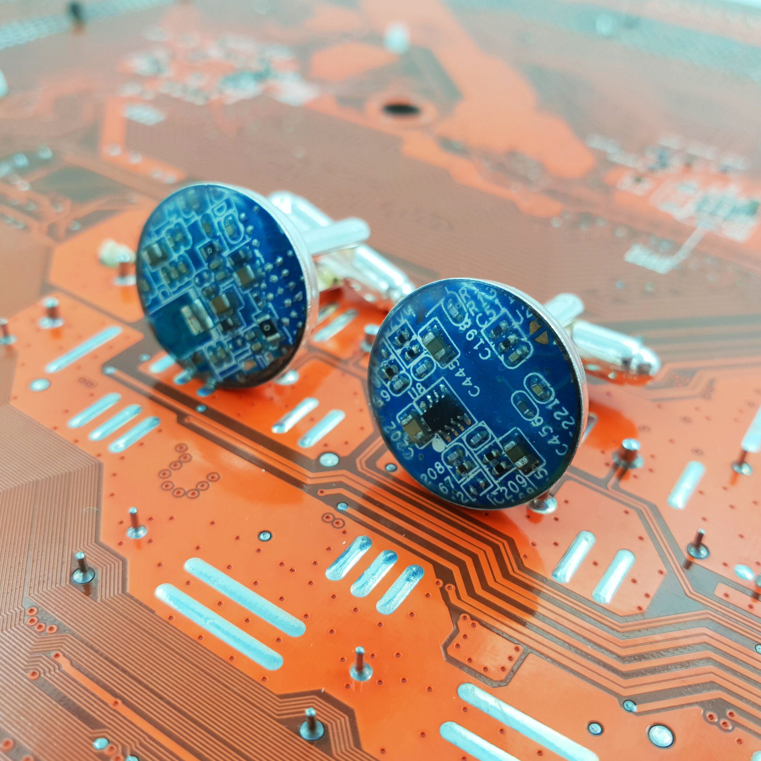 Circuit Board Cufflinks made in the UK by eco artist 