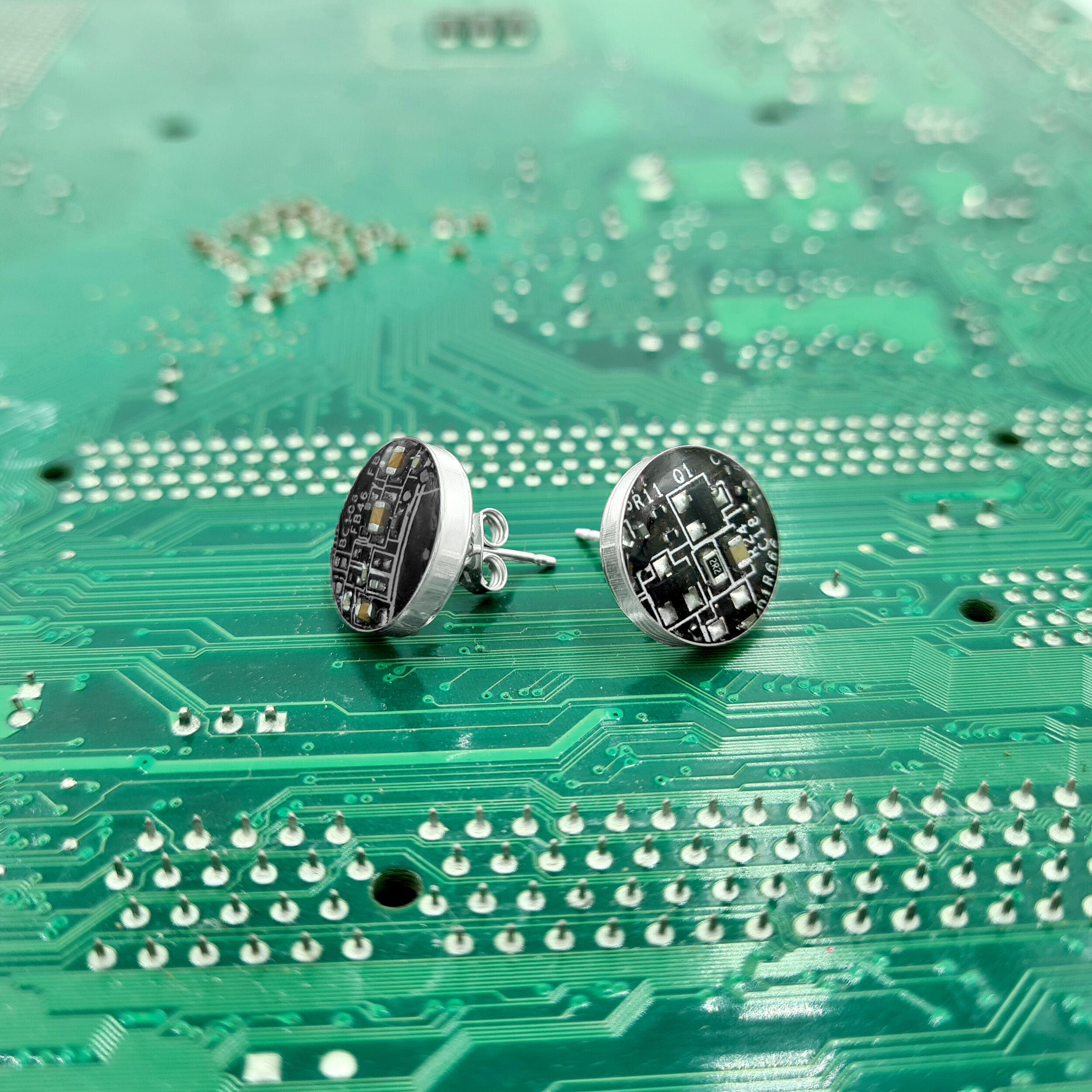Circuit Board Silver Studs made by Sarah Turner eco artist 