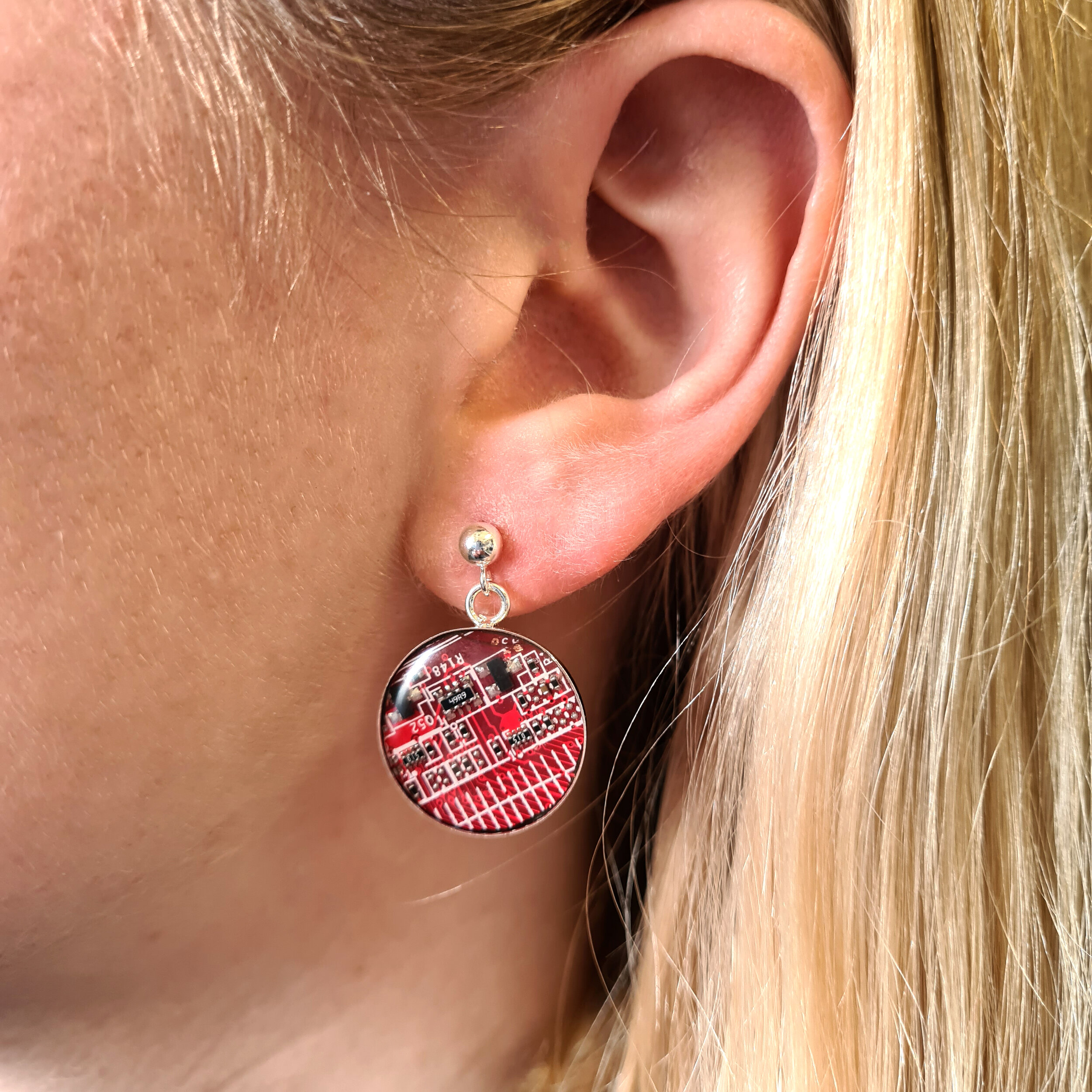 Recycled red Circuit Board Stud Drop Earing