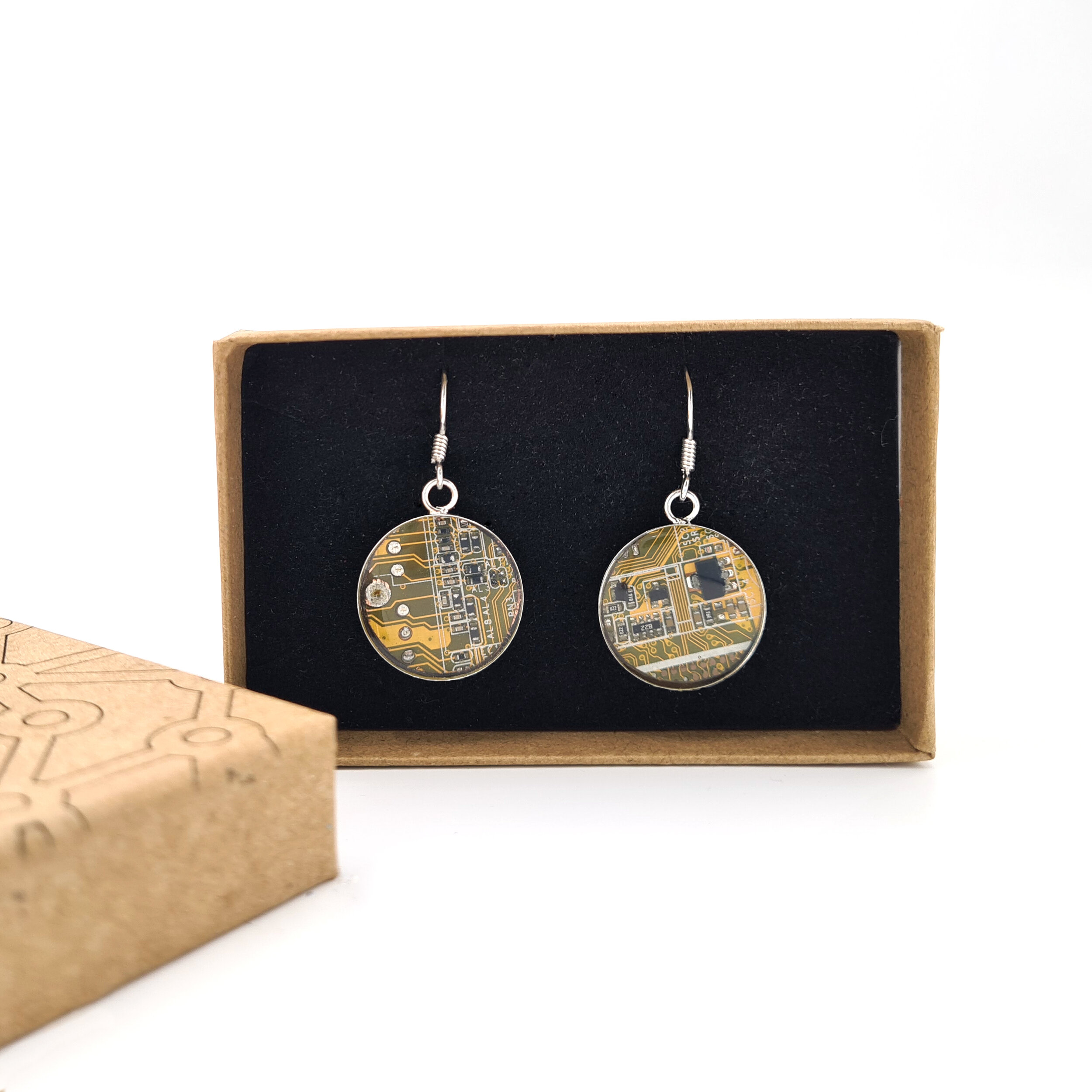 Sustainable recycled yellow Circuit Board Drop Earrings 