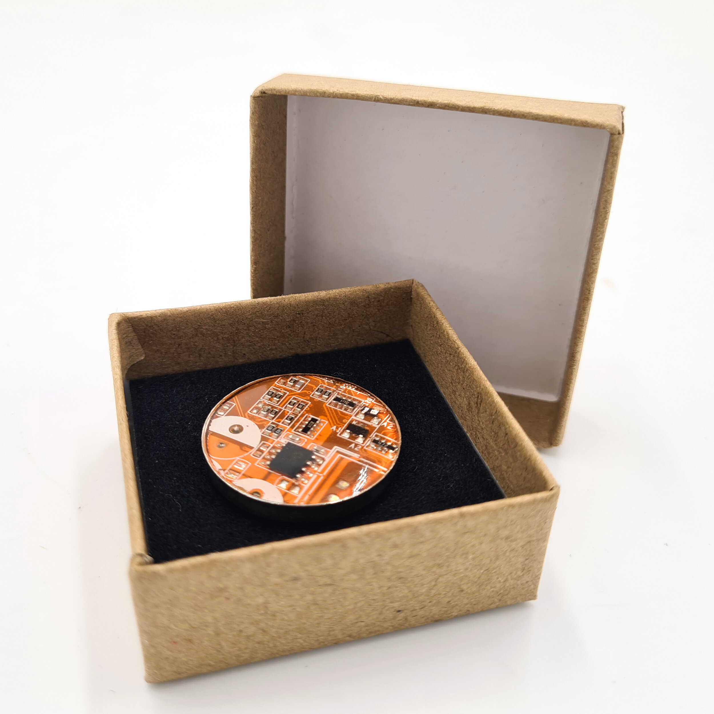 Orange Circuit board brooch in sustainable box