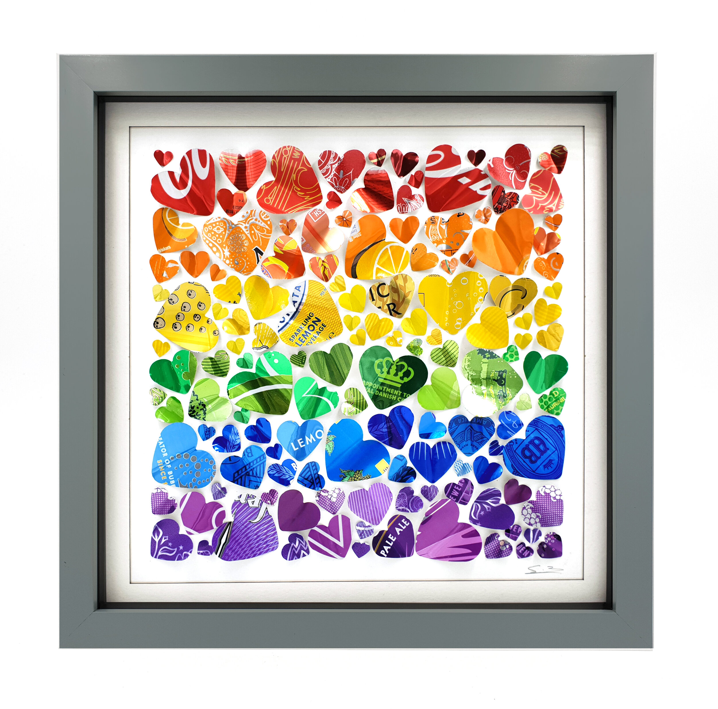 Rainbow Love colourful can heart pattern grey frame
