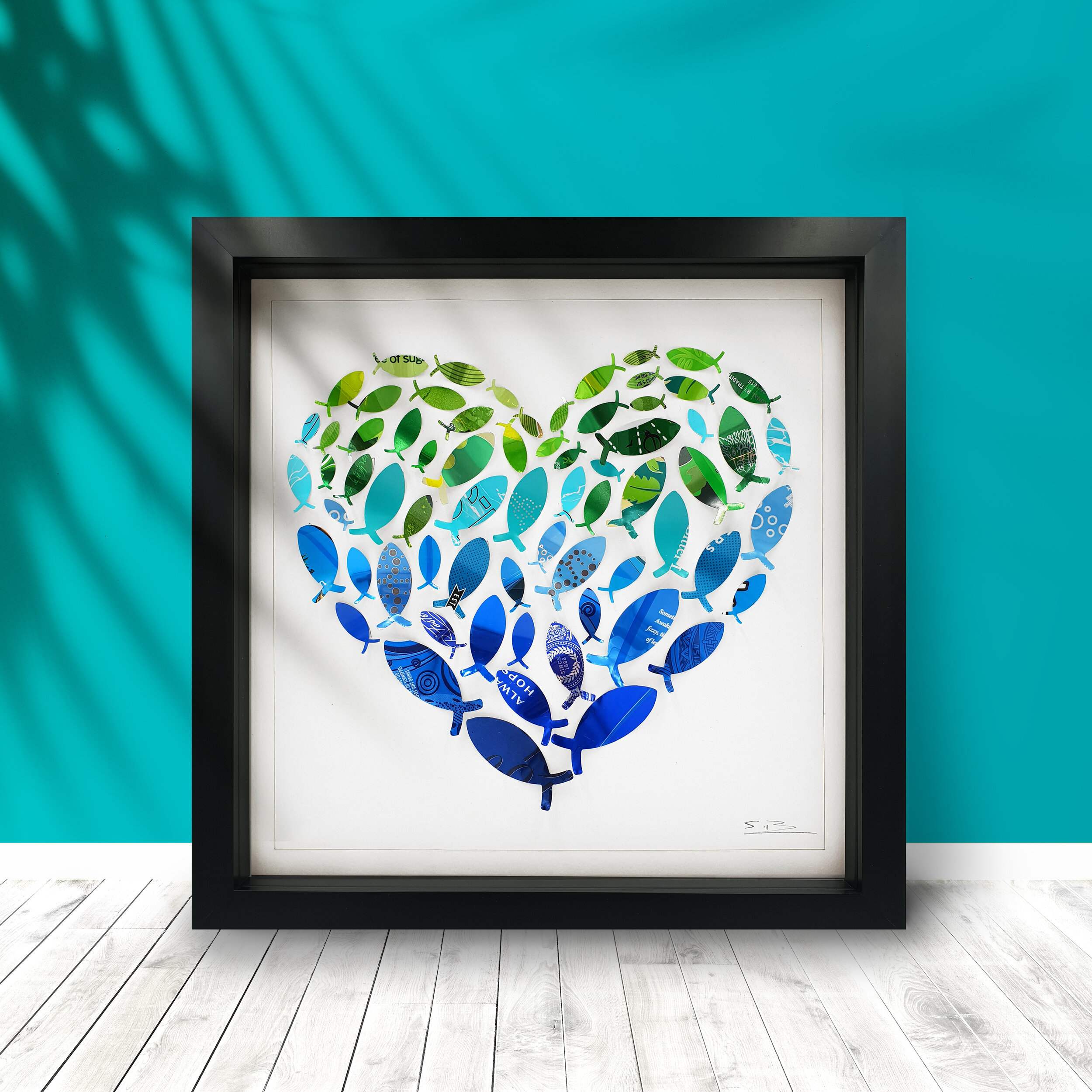 Fishy Heart  Green and Blue gradient upcycled can design 