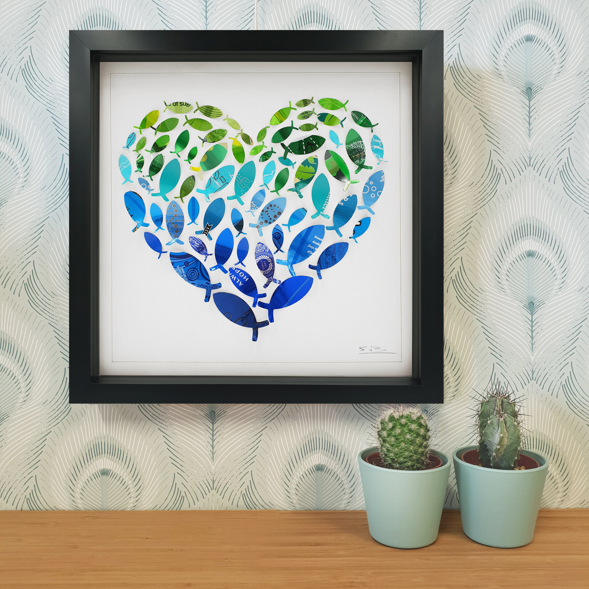 Fishy Heart  Green and Blue gradient upcycled can design 