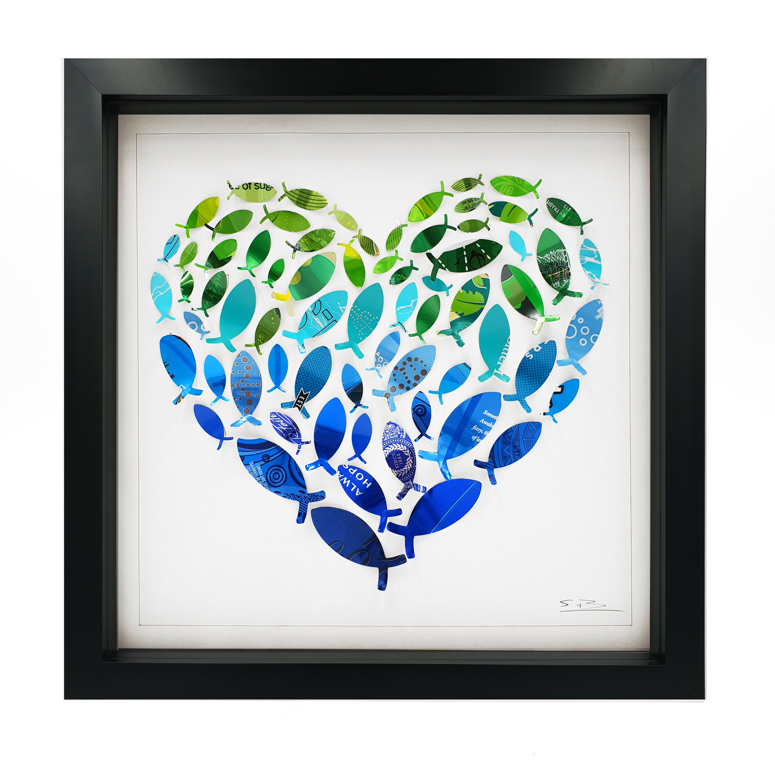 Fishy Heart  Green and Blue gradient upcycled can design black frame 